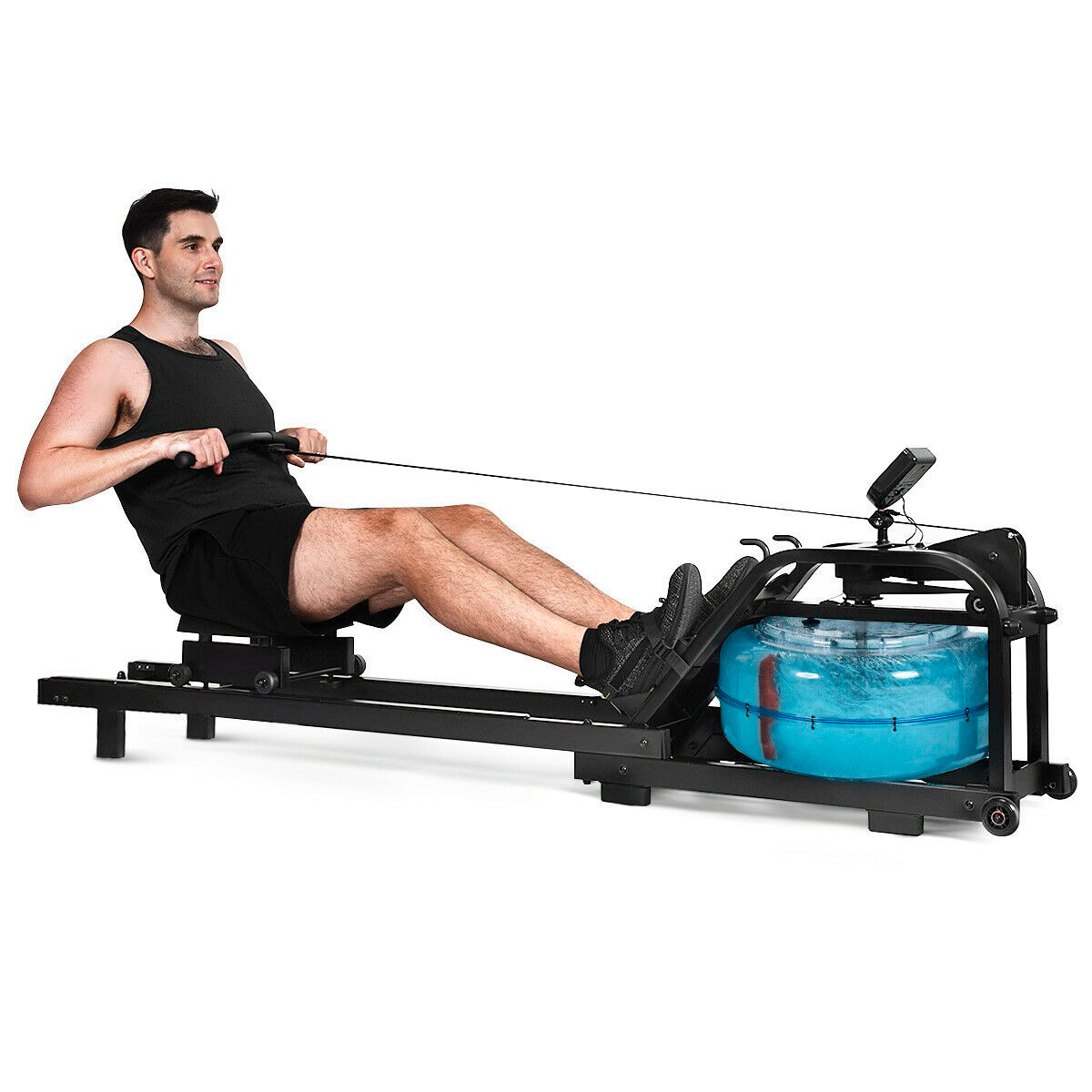 Un hombre rema en una máquina de remo. La máquina tiene un tanque de agua.