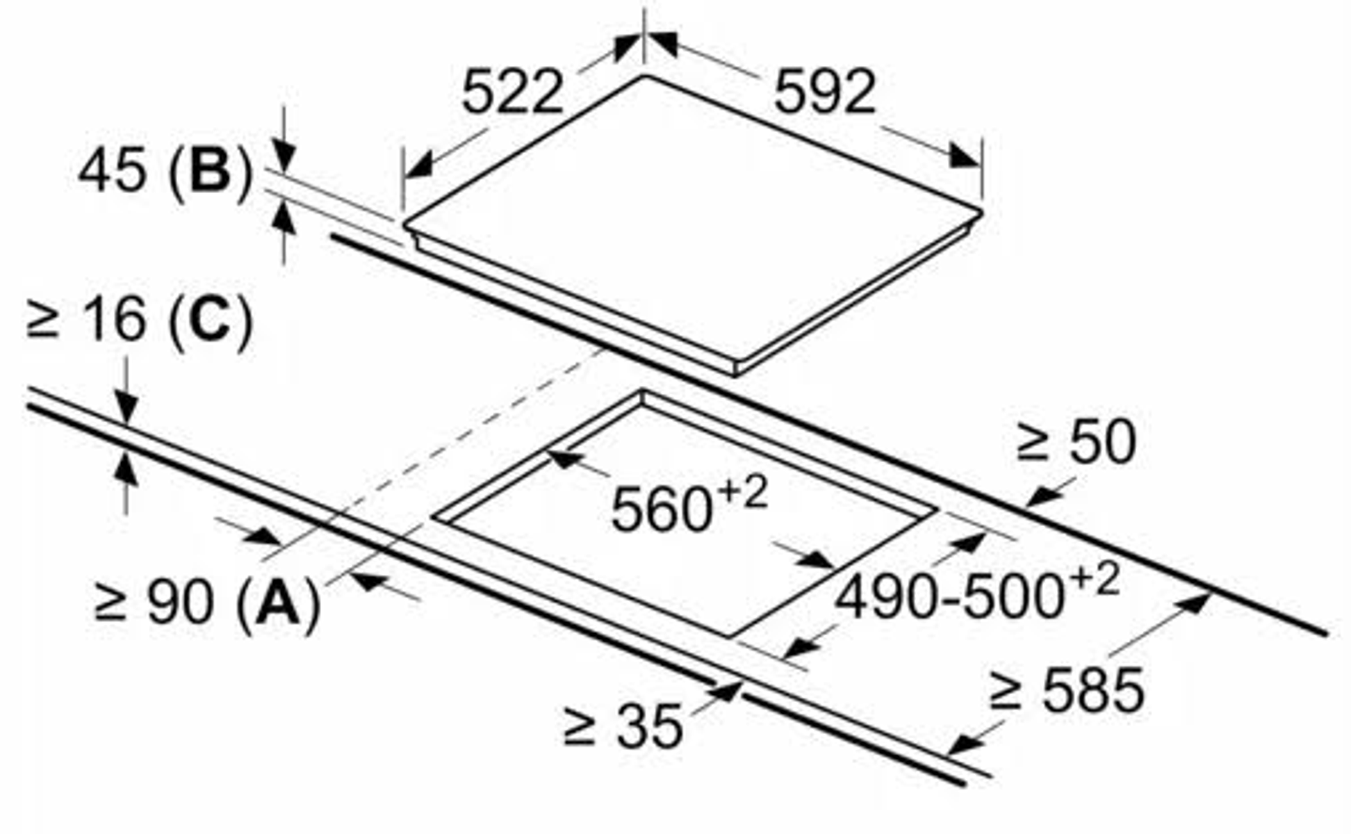 Schemat płyty grzewczej z pomiarami i wymiarami w mm.
