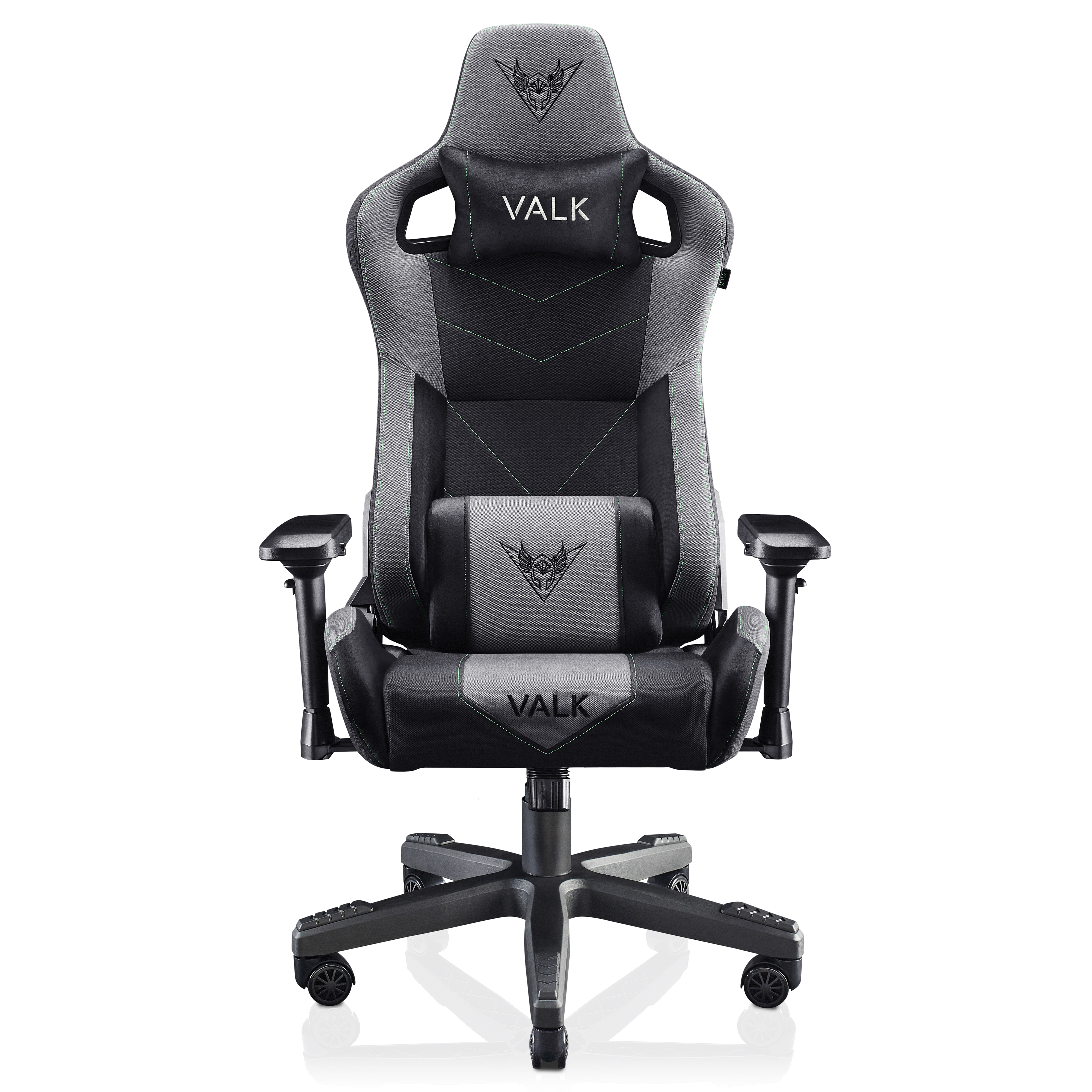 Silla gaming con logo VALK en reposacabezas y respaldo. Diseño negro y gris.