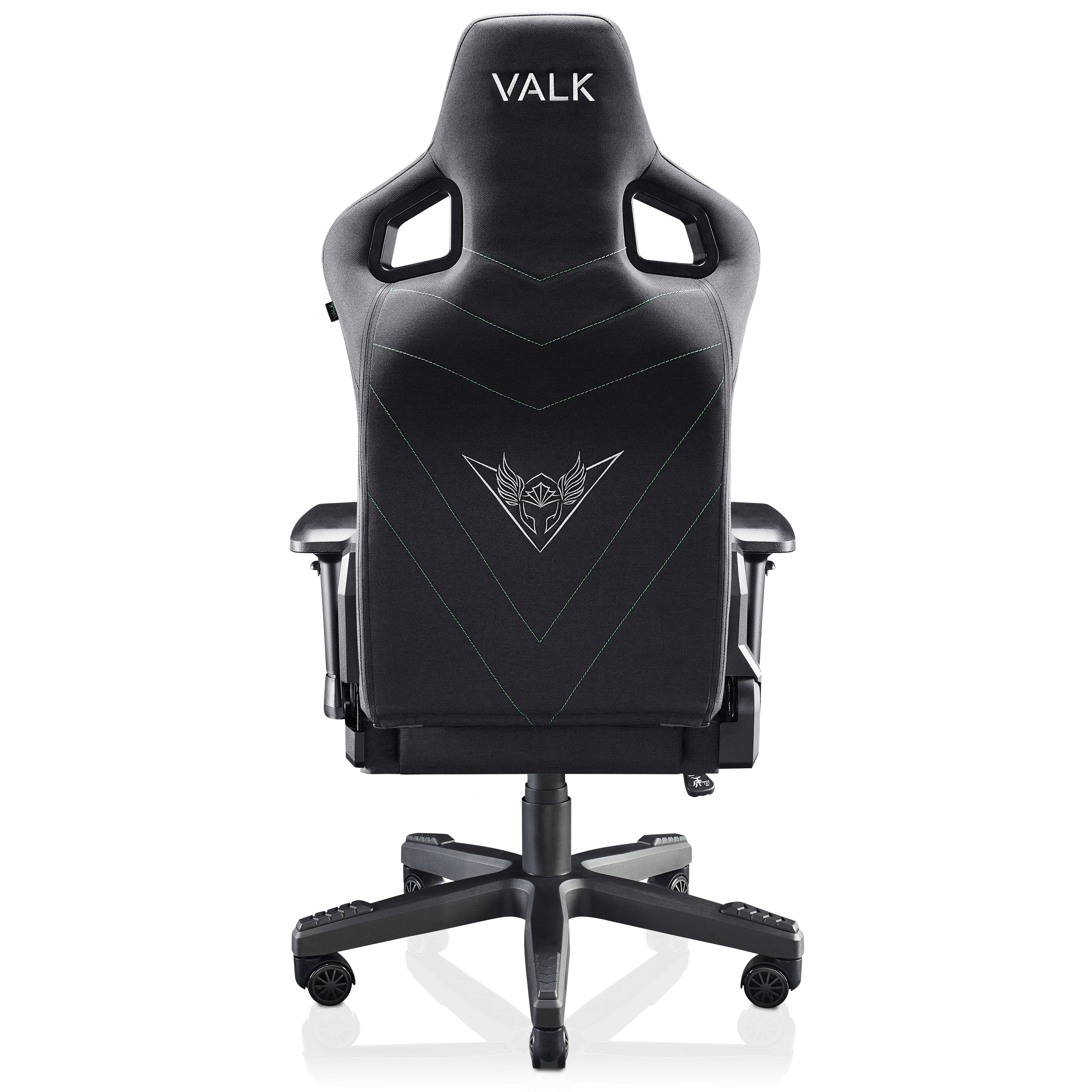 Silla gaming negra con la palabra "VALK" en el reposacabezas y un logo en la parte trasera.