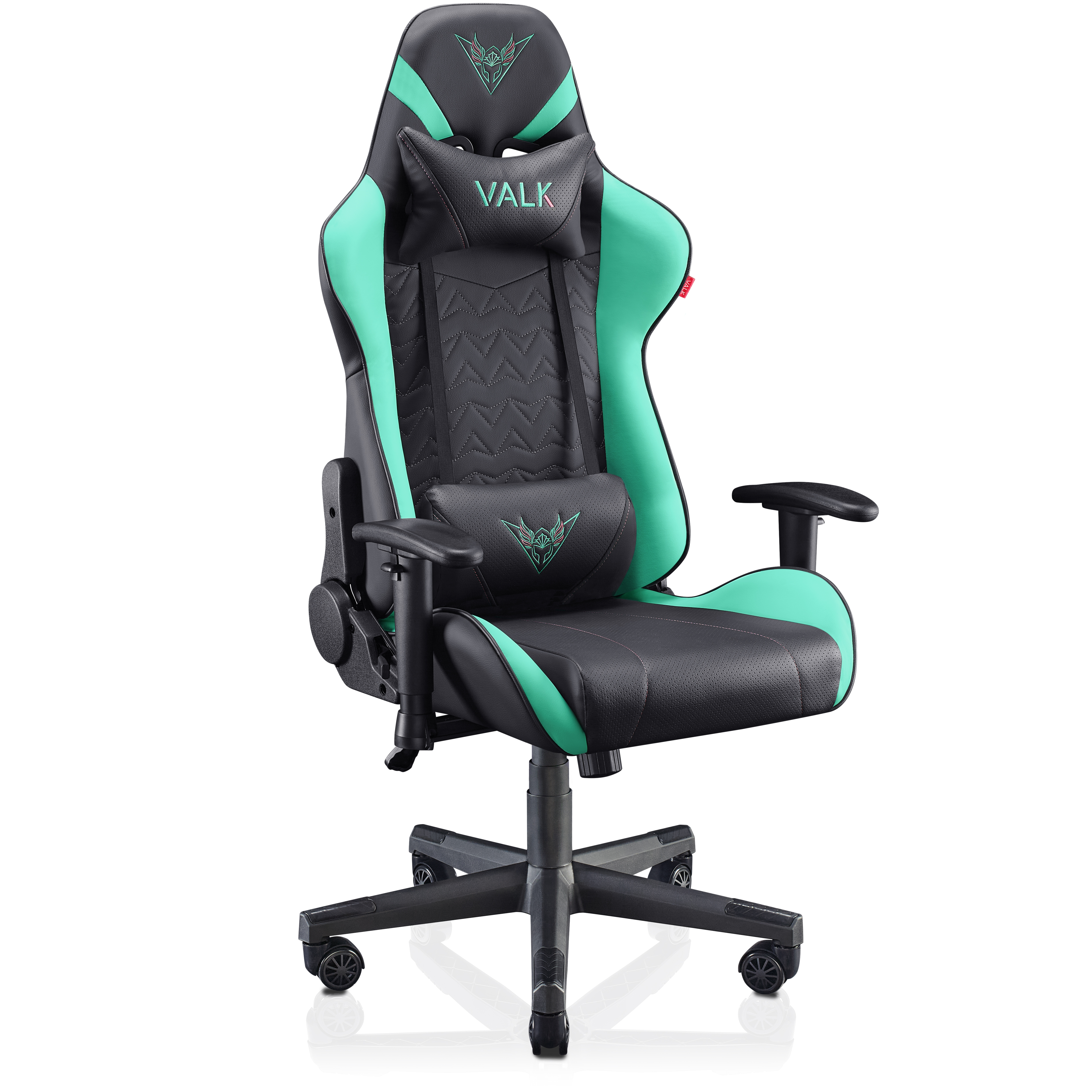 Una silla gaming negra y verde azulado con reposacabezas y cojín lumbar.