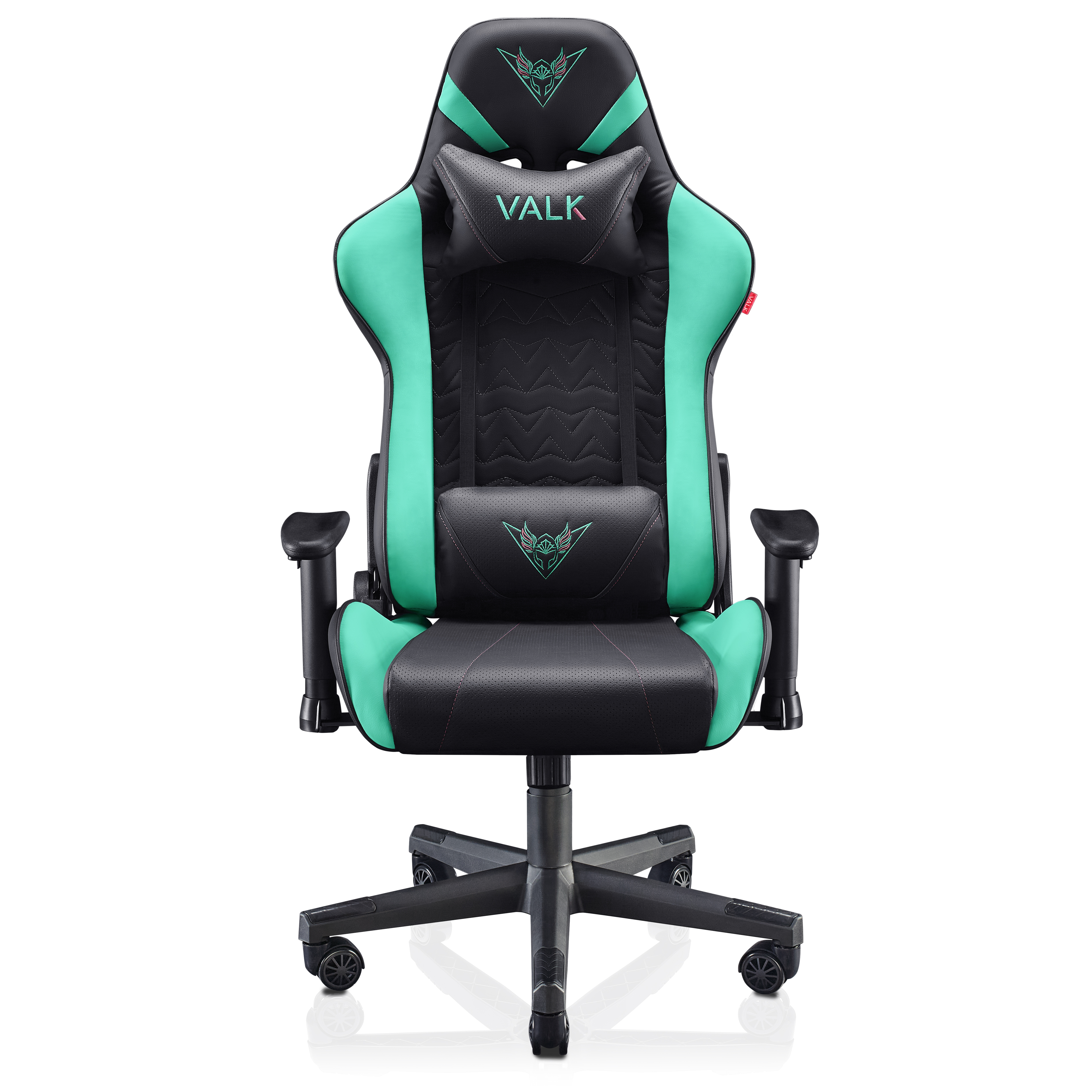 Silla gaming negra y verde azulado con la palabra VALK en el reposacabezas.