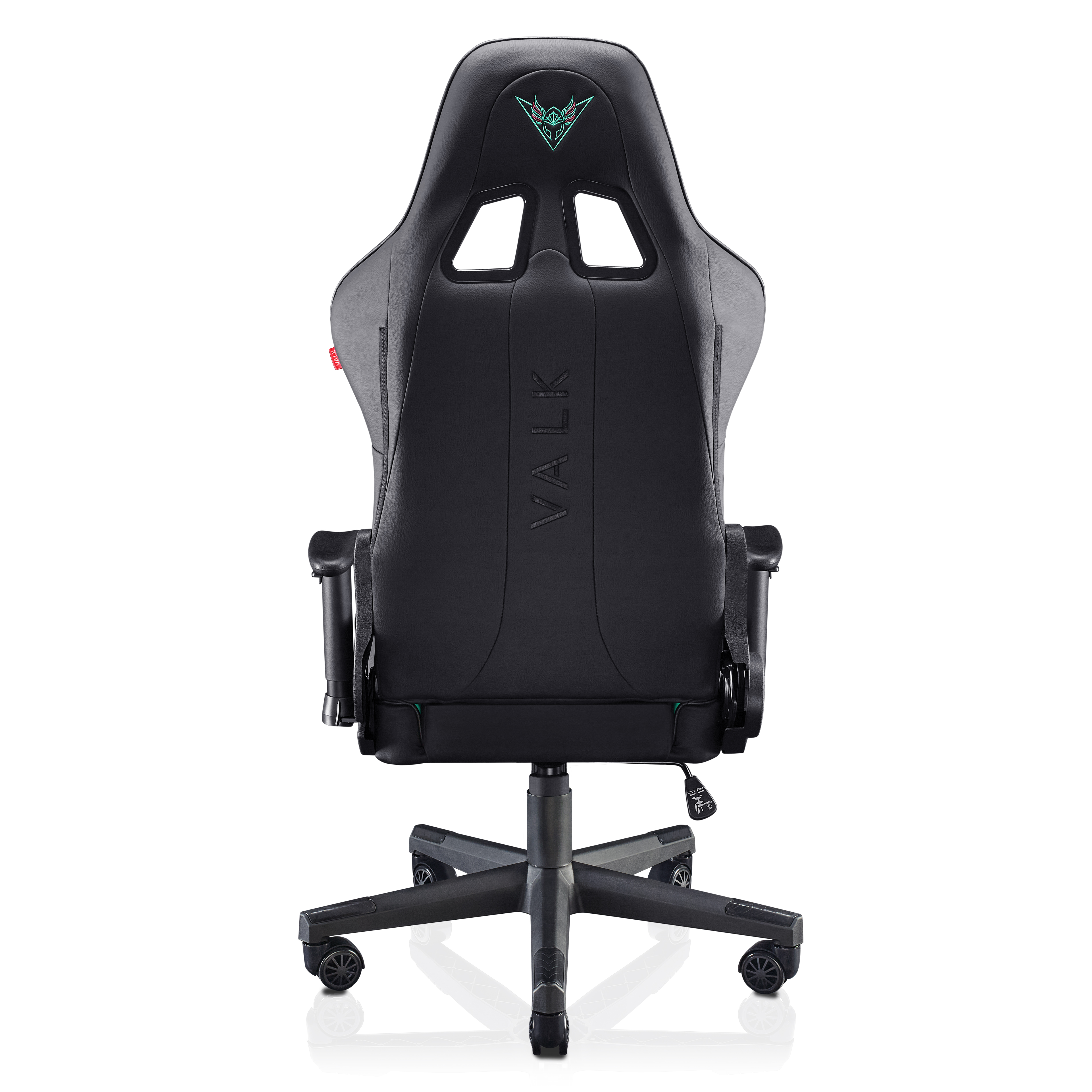 Silla gaming negra. Vista trasera. Negro, con logo VALK y detalles. Ruedas y base.
