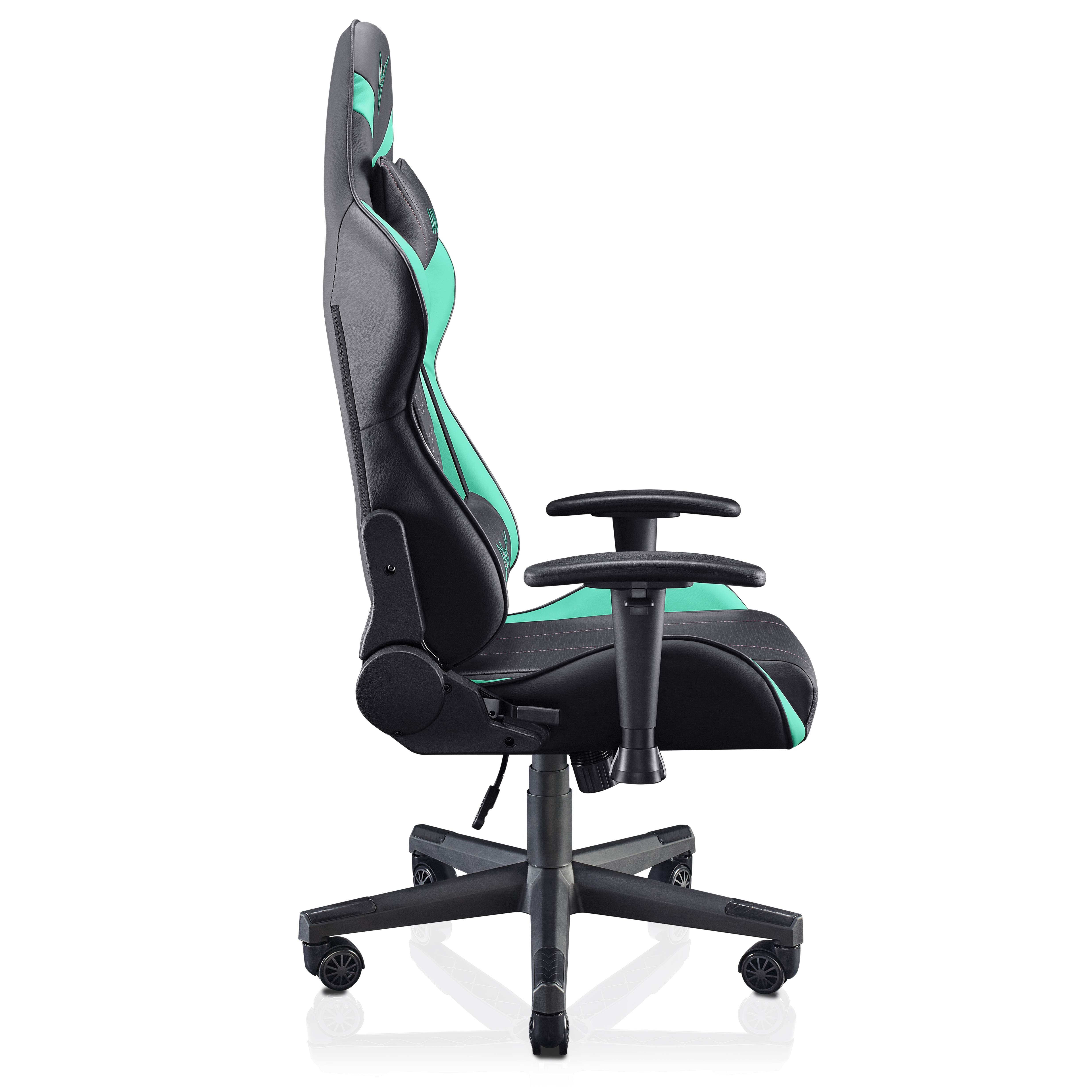 Silla gaming negra y verde azulado, vista lateral, con reposabrazos, ruedas y reposacabezas.