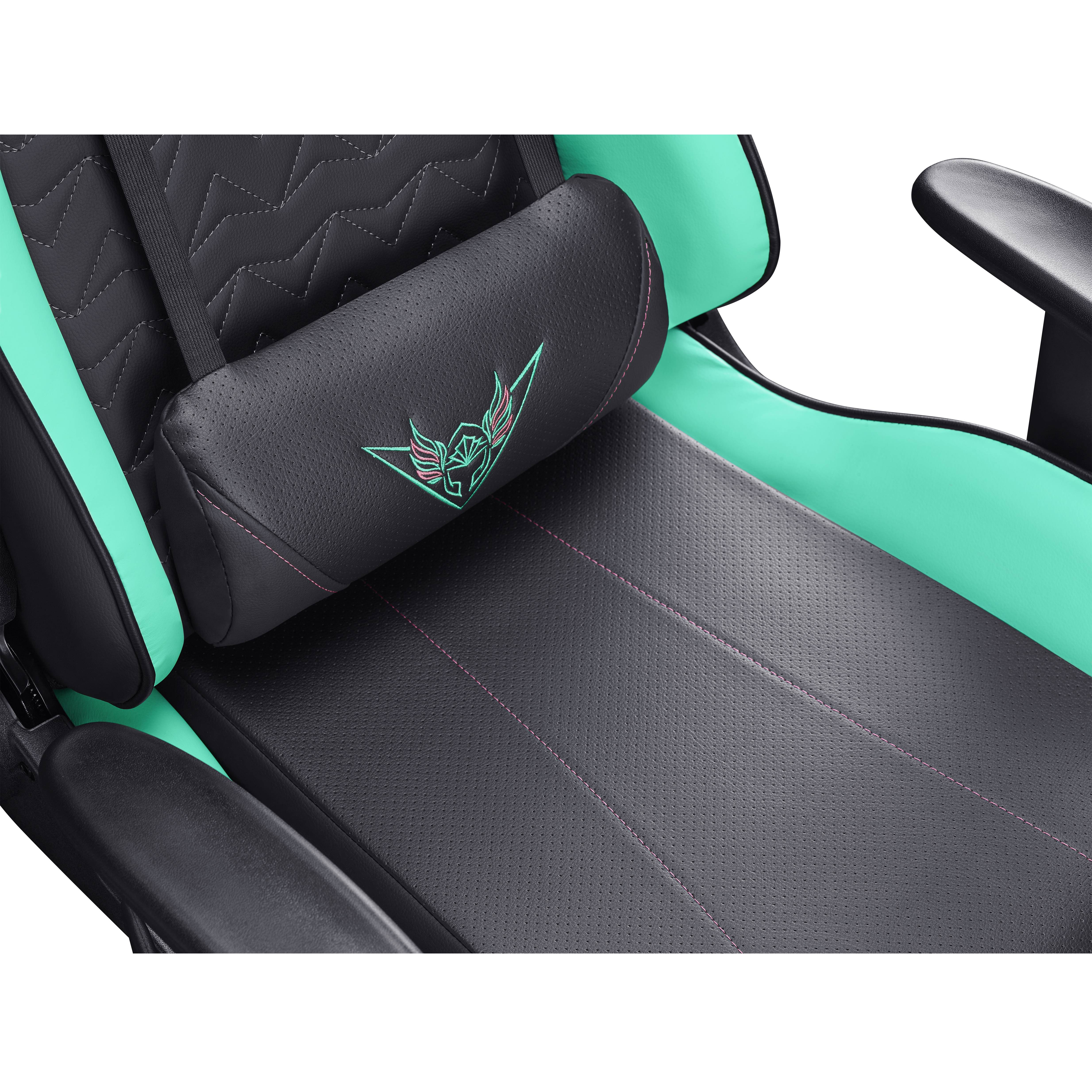 Silla gaming con colores negro y verde azulado. Reposacabezas y detalles del asiento.
