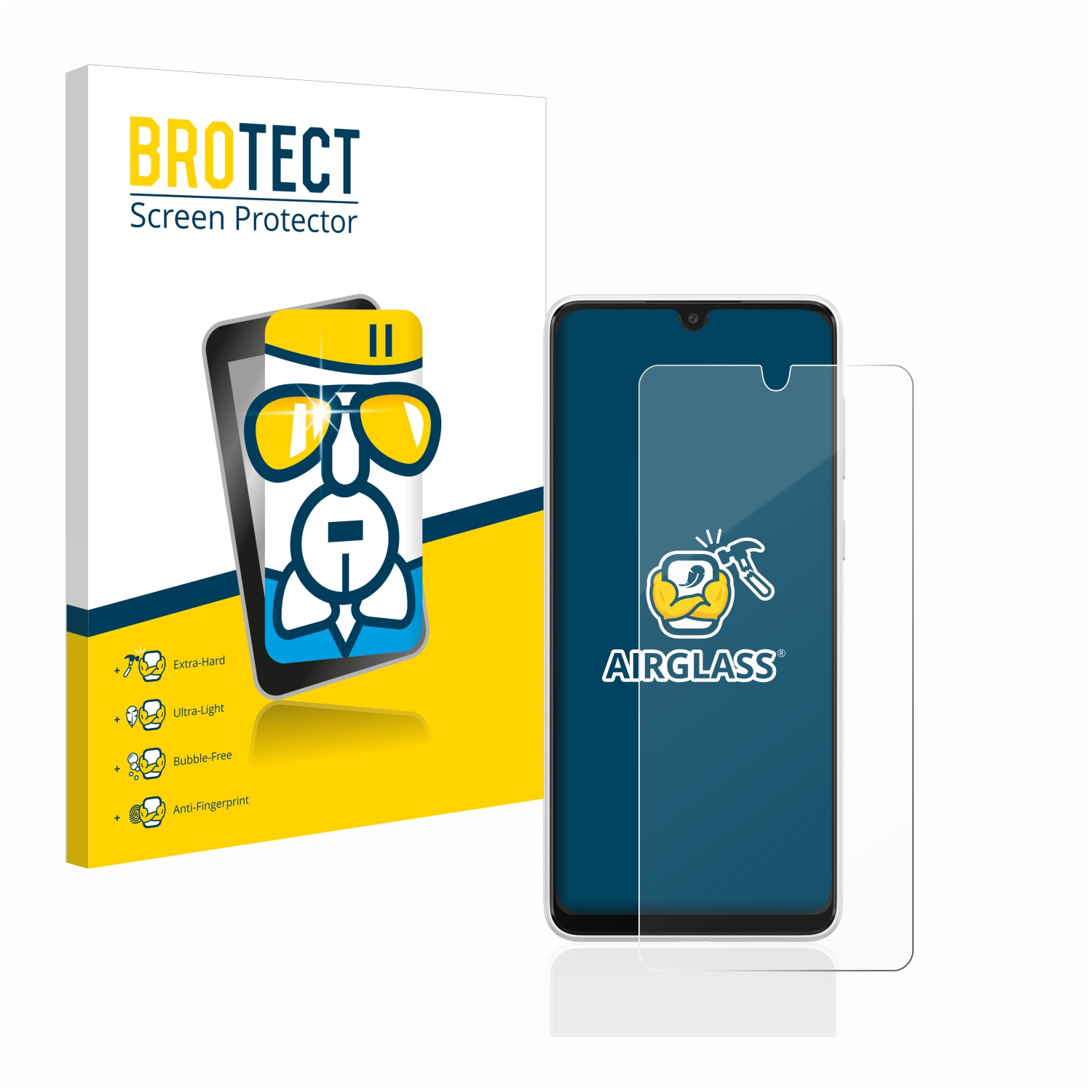 Ein Telefon mit Displayschutzfolie neben einer Box. Die Displayschutzfolie befindet sich auf dem Bildschirm des Telefons.