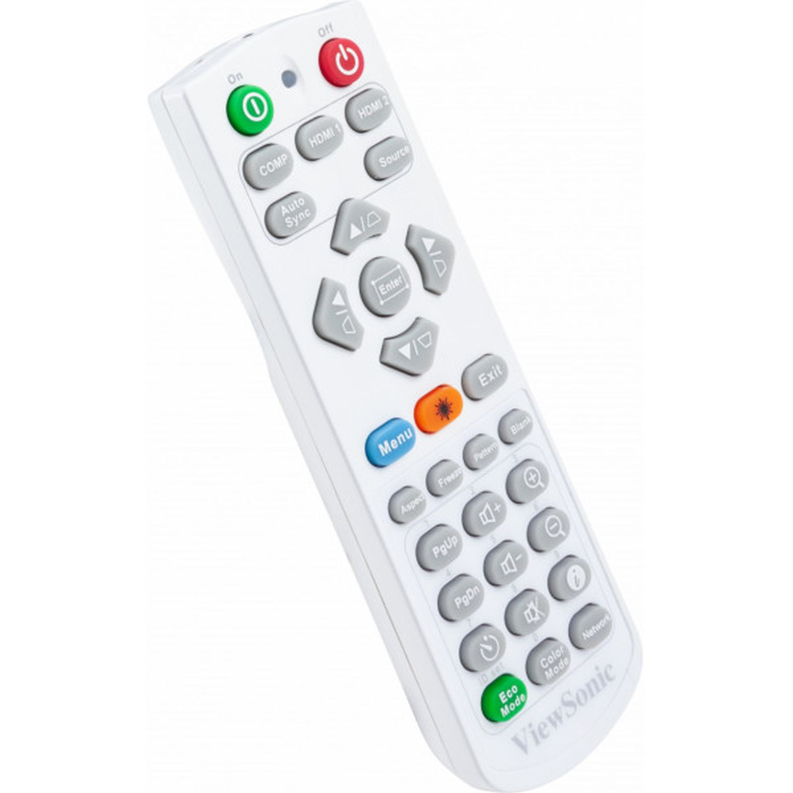 Biały pilot. Przyciski są oznaczone dla różnych funkcji. Zawiera przyciski zasilania i źródła.