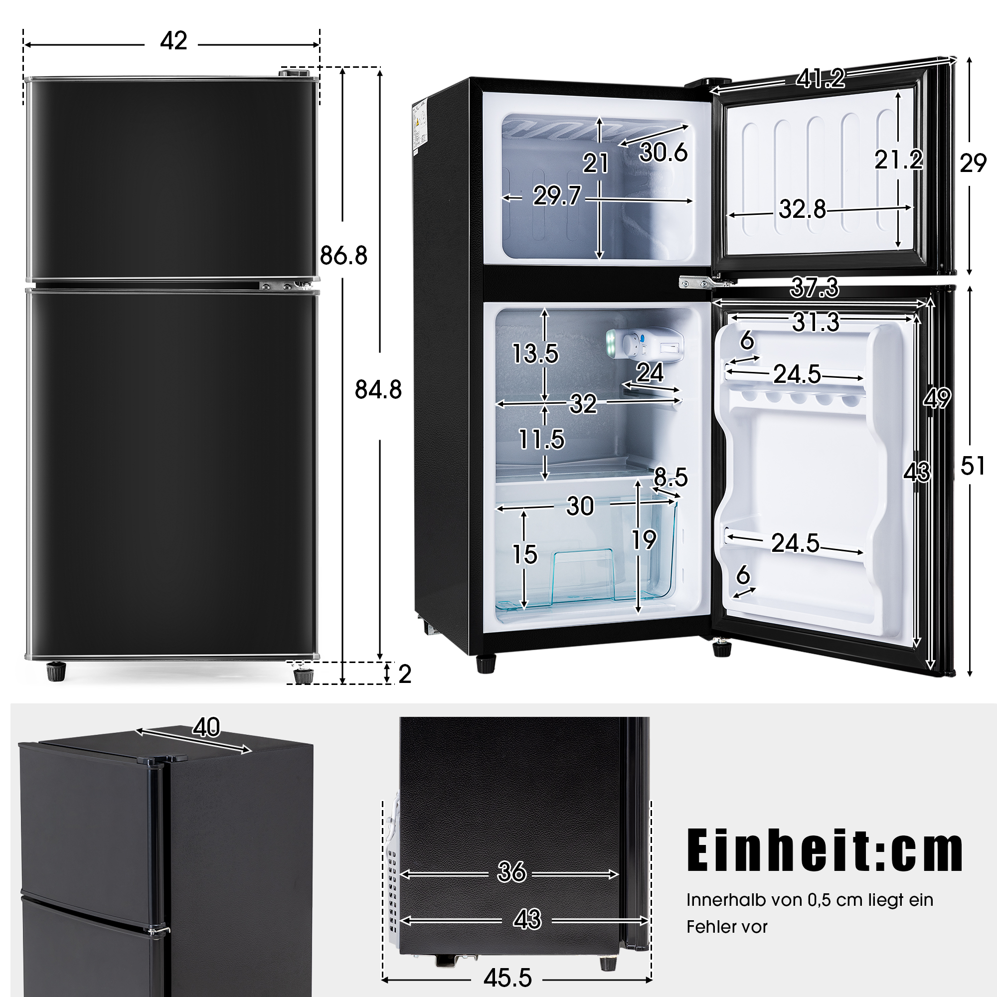 Schwarzer Mini-Kühlschrank mit offenen Türen, Innenfächern und Abmessungen.