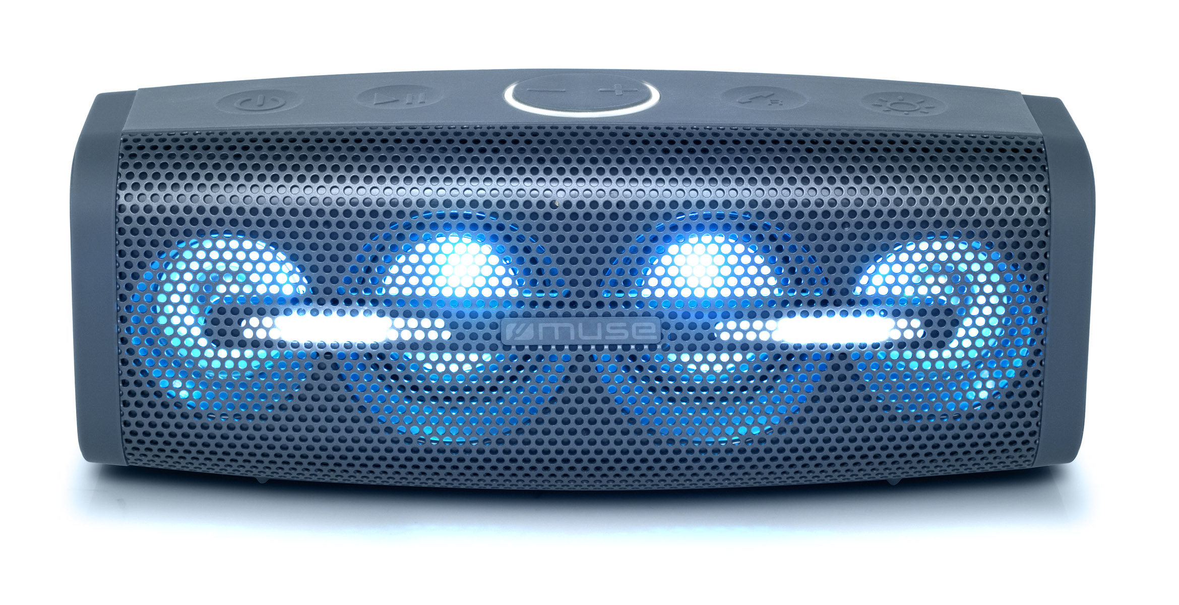 Ciemnoszary głośnik z niebieskimi świecącymi światłami. Marka MUSE jest widoczna na głośniku.