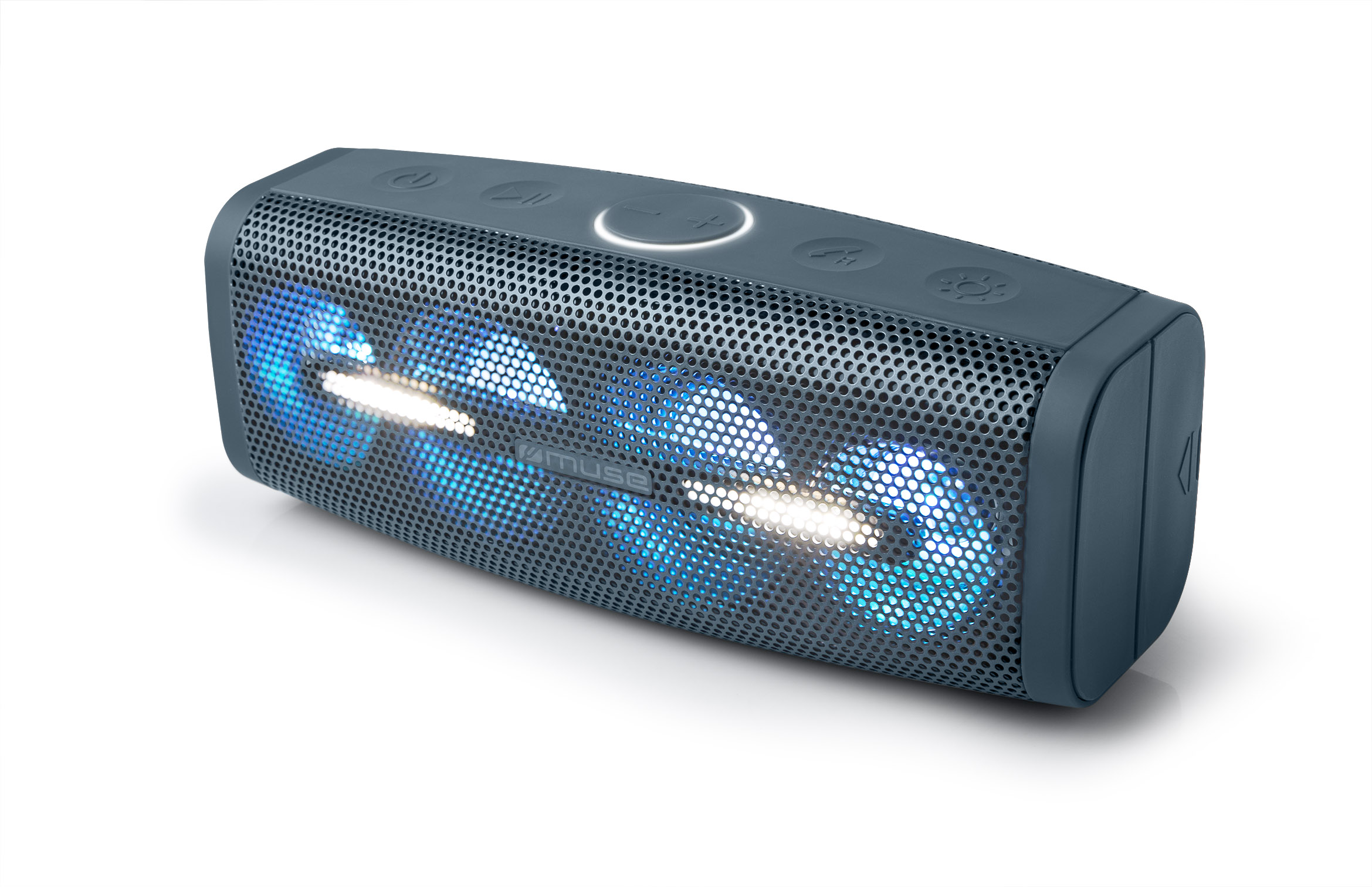Niebieski głośnik ze światłami na białym tle.