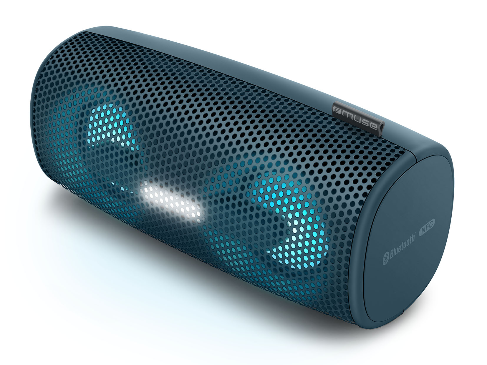 Niebieski głośnik cylindryczny z siatkowym wzorem i podświetleniem.