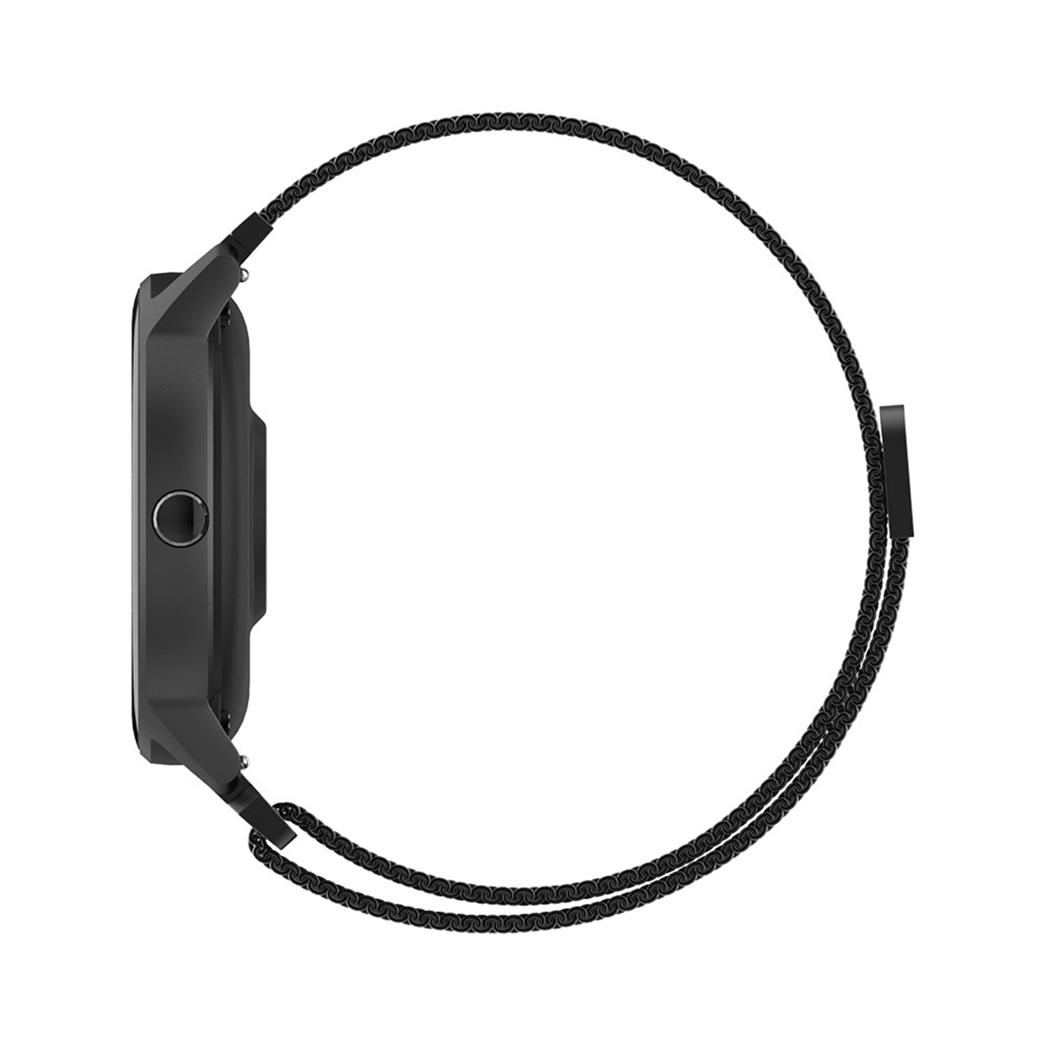 Czarny smartwatch z czarnym paskiem, widok z boku.