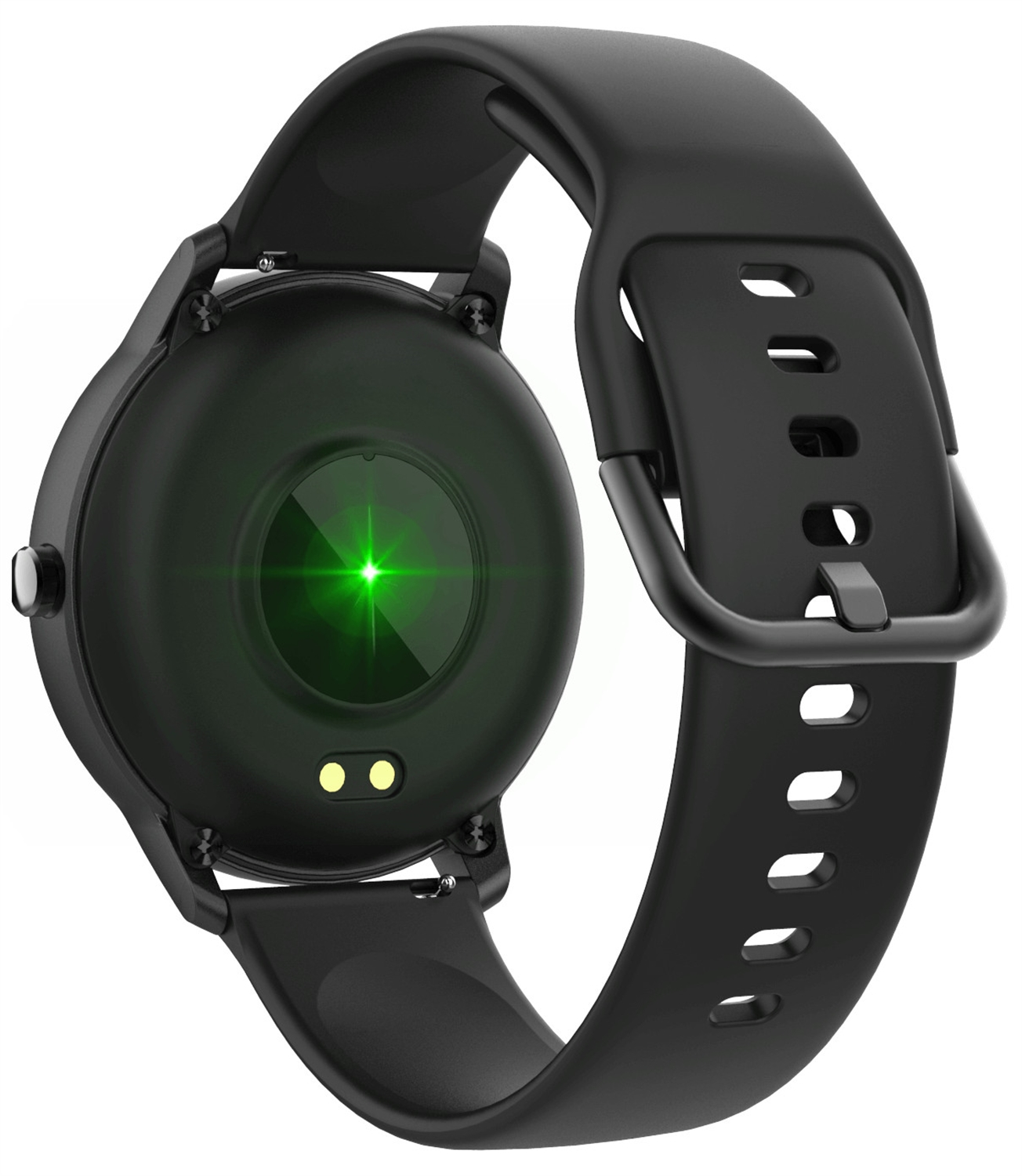Schwarze Smartwatch mit grünem Licht von den Sensoren.