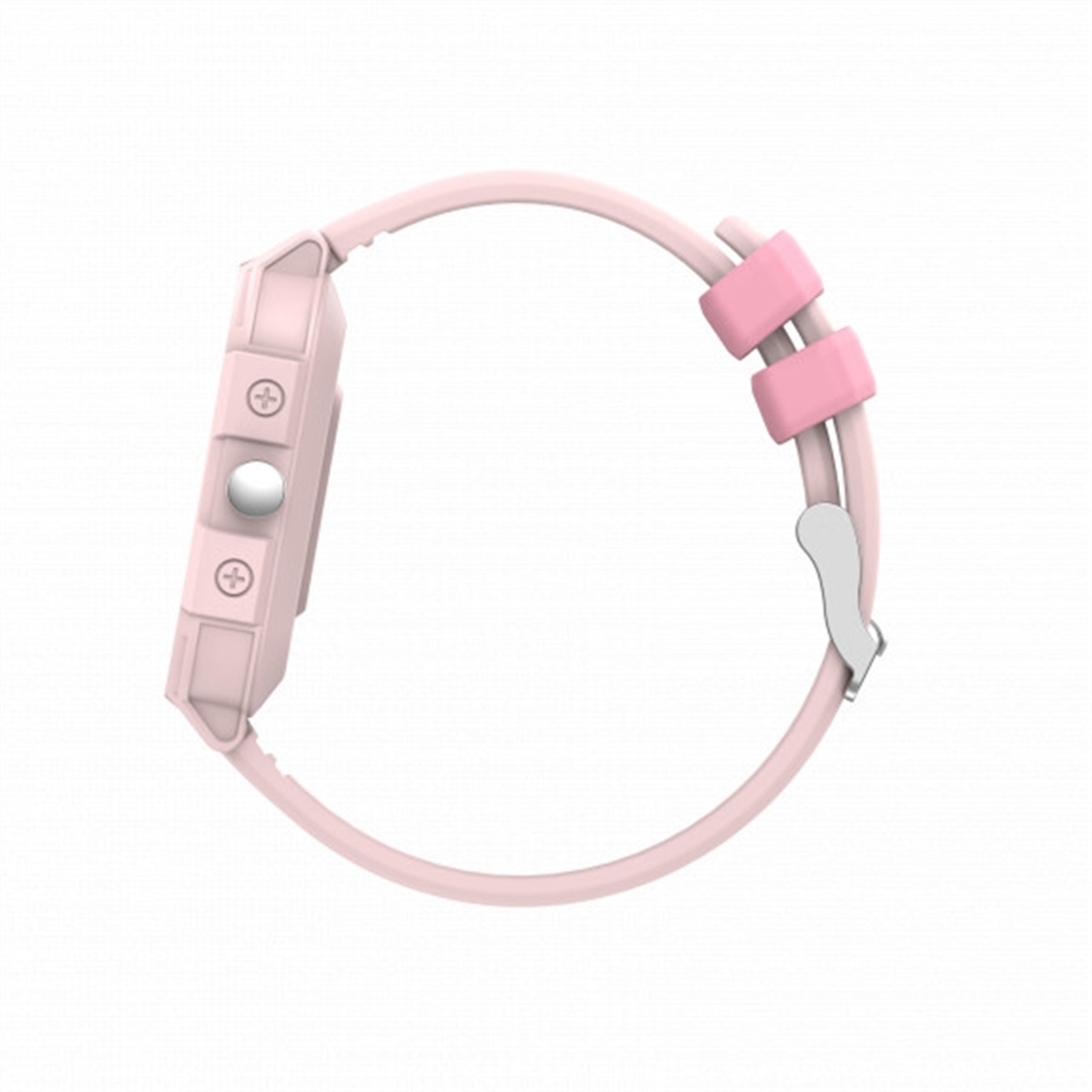 Eine rosa Smartwatch von der Seite, zeigt das Zifferblatt, auf weißem Hintergrund.