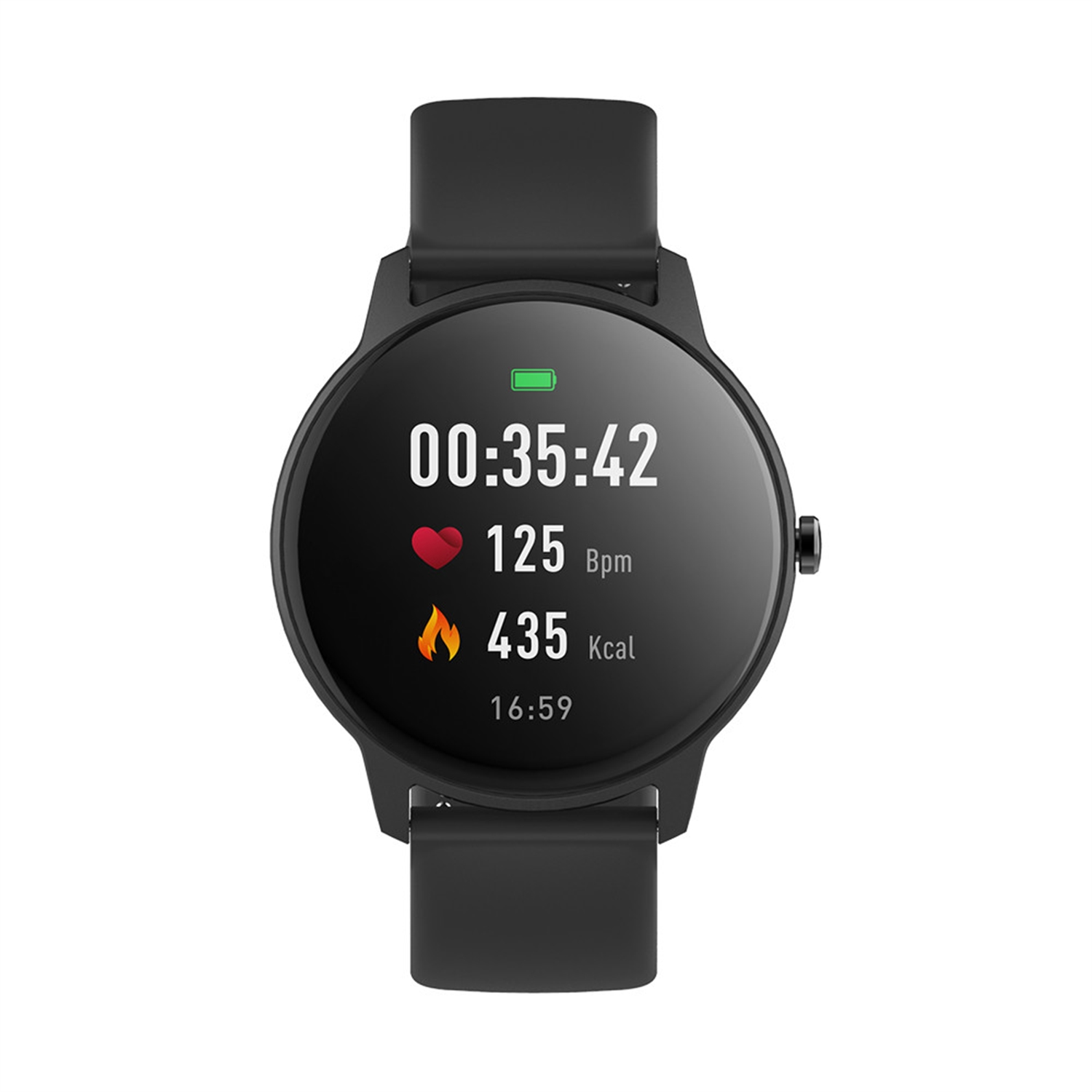 Schwarze Smartwatch. Zeigt Zeit, Herzfrequenz, Kalorienverbrauch und andere Gesundheitsdaten an.