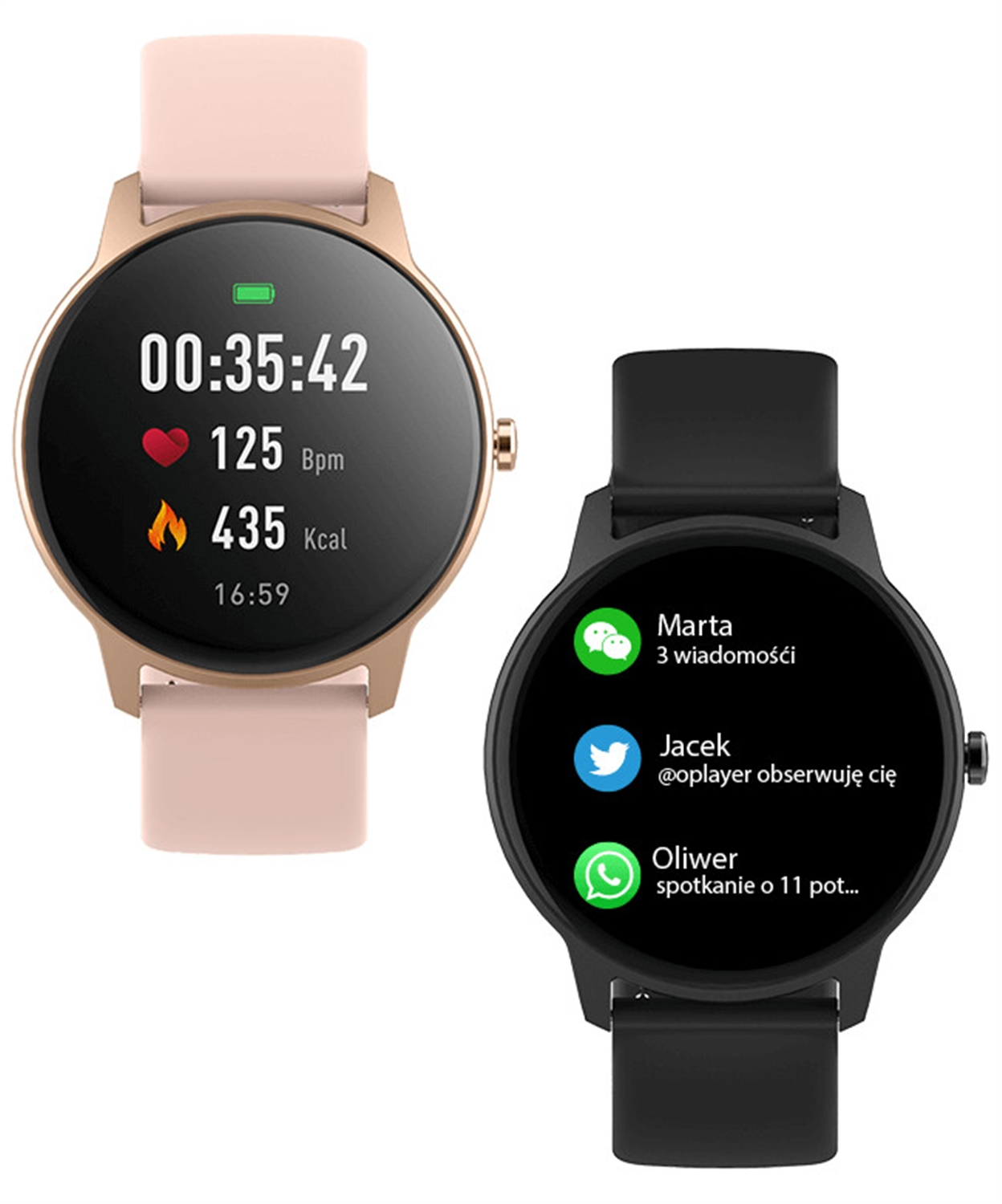 Zwei Smartwatches: eine mit pinkfarbenem Armband und eine mit schwarzem Armband.