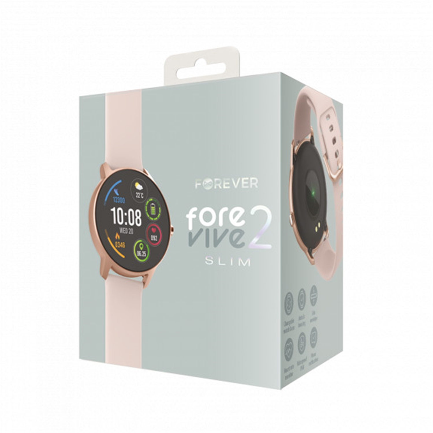 Box mit Smartwatch darauf. Die Uhr zeigt die Uhrzeit und das Datum. Weißer Hintergrund.
