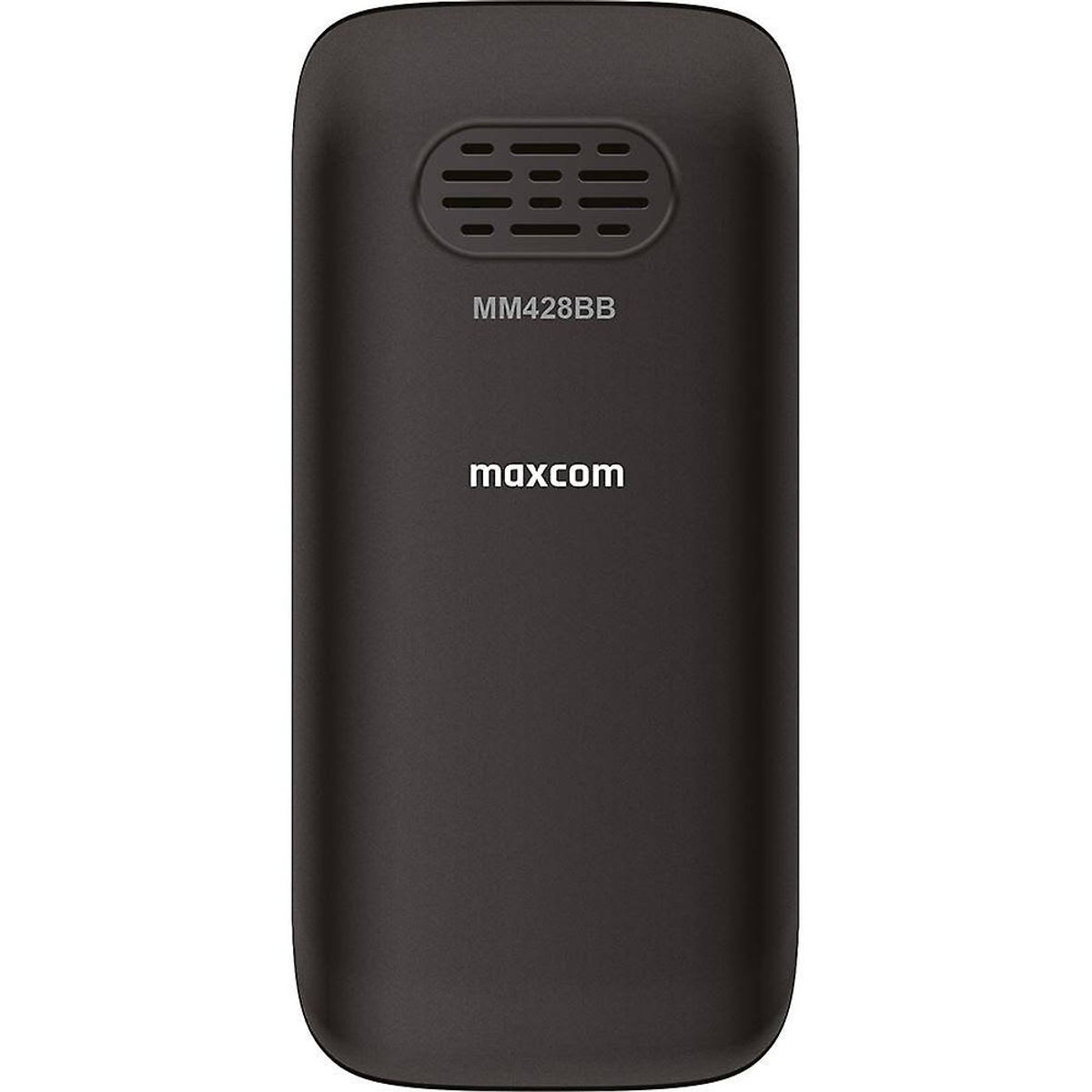 Schwarzes Maxcom MM428BB Telefon. Die Rückseite hat Lautsprecherlöcher und den Markennamen.
