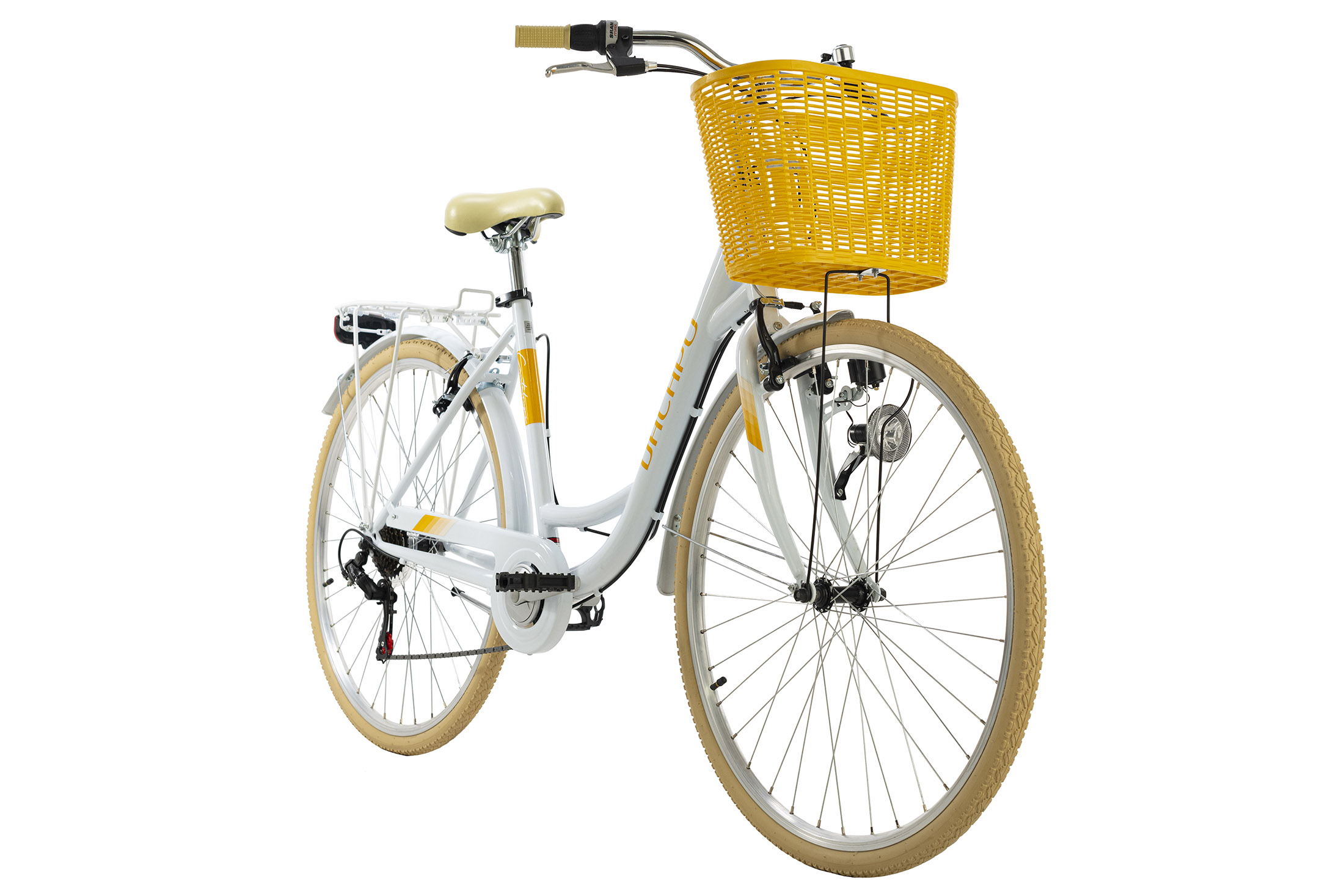 Ein weißes Fahrrad mit gelbem Korb, mit weißem Hintergrund.