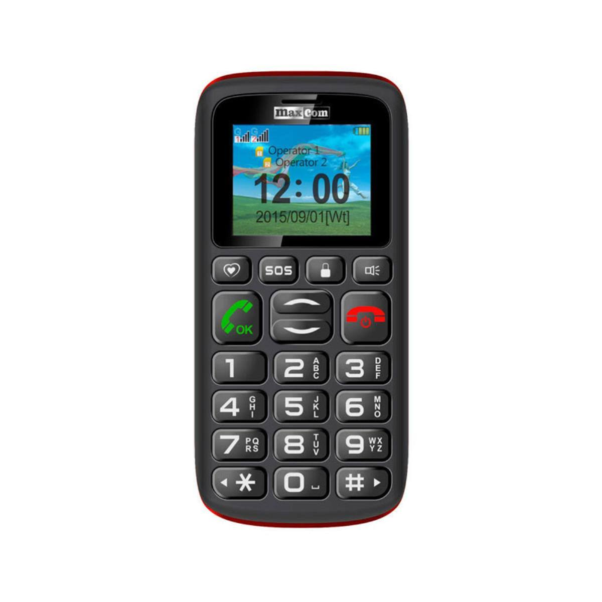 Ein schwarz-rotes Maxcom-Mobiltelefon mit großer Tastatur und Display.