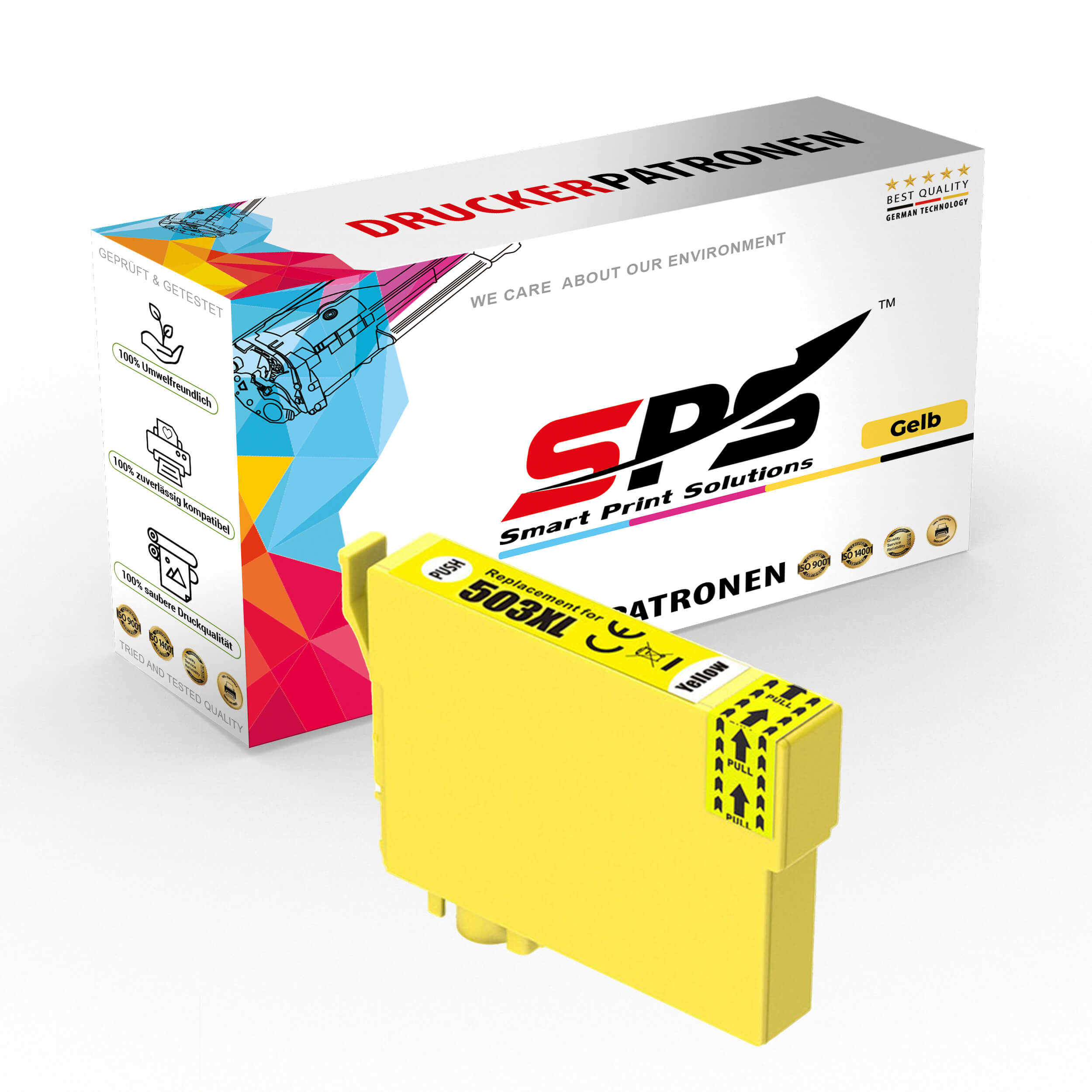 Gelbe Tintenpatrone mit Verpackung. Die Patrone hat ein 'Pull'-Etikett und gelbe Farbe.