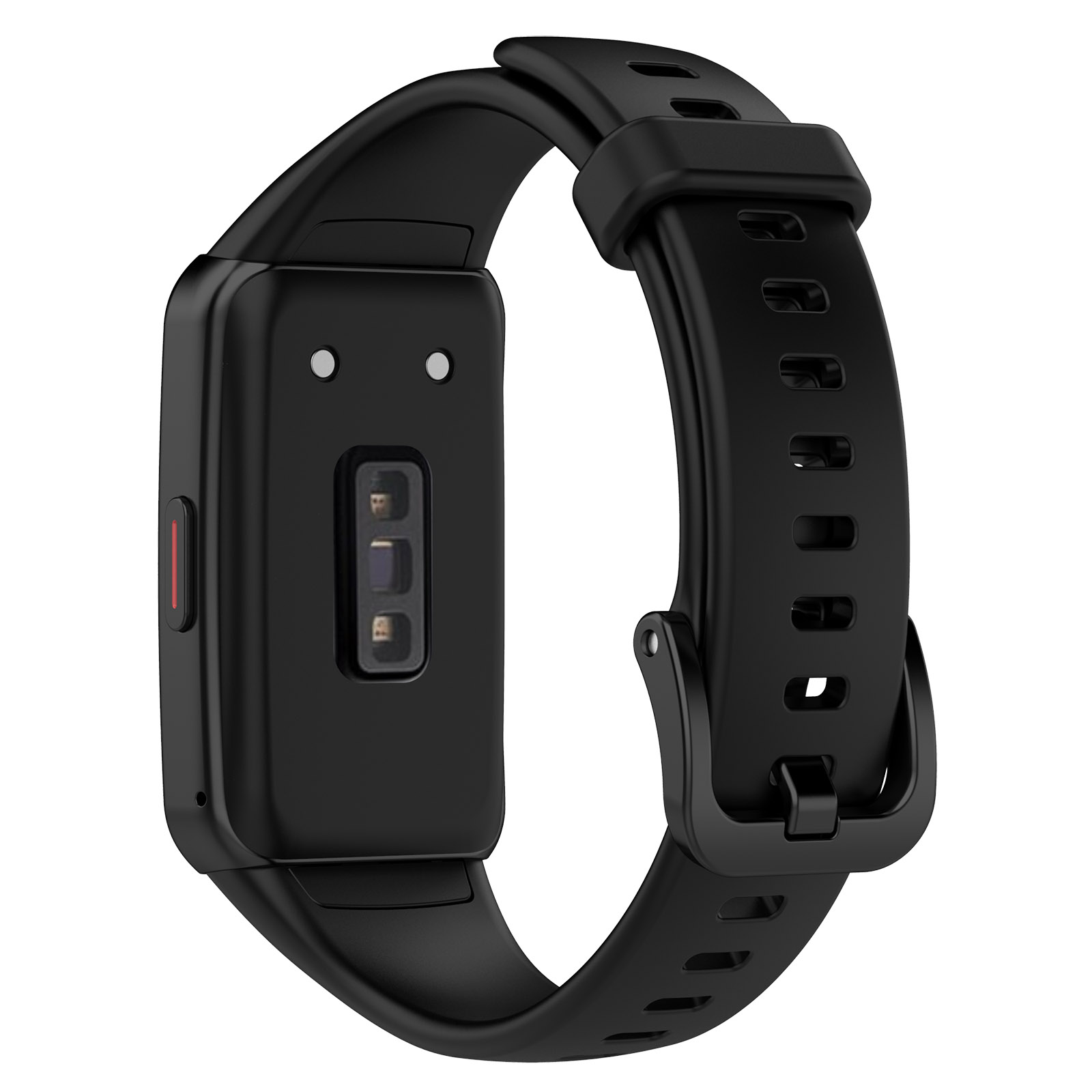 Uno smartwatch nero con cinturino nero. Il retro mostra il sensore di frequenza cardiaca. Design semplice ed elegante.