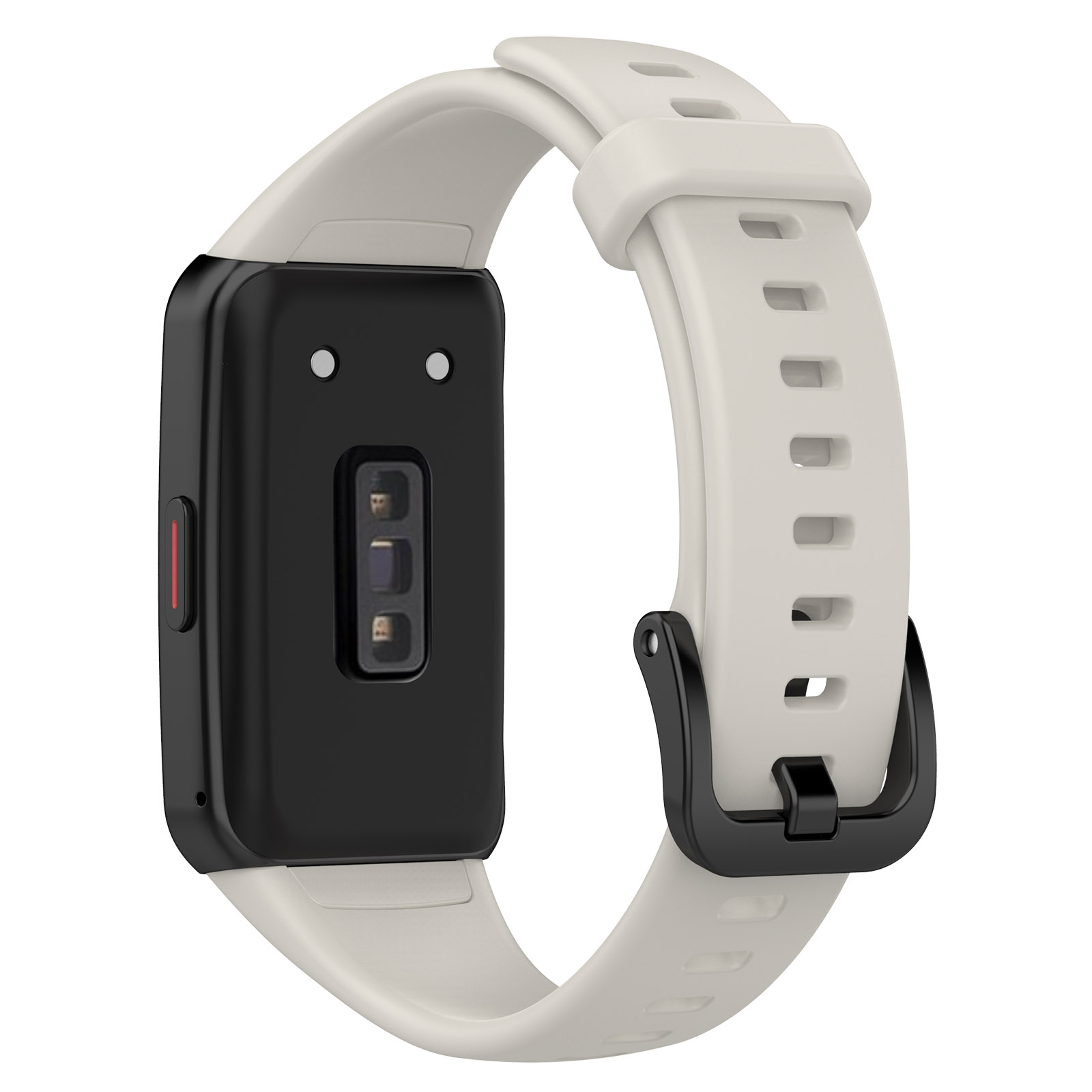 Nahaufnahme einer Smartwatch mit schwarzem Gehäuse und hellgrauem Armband.