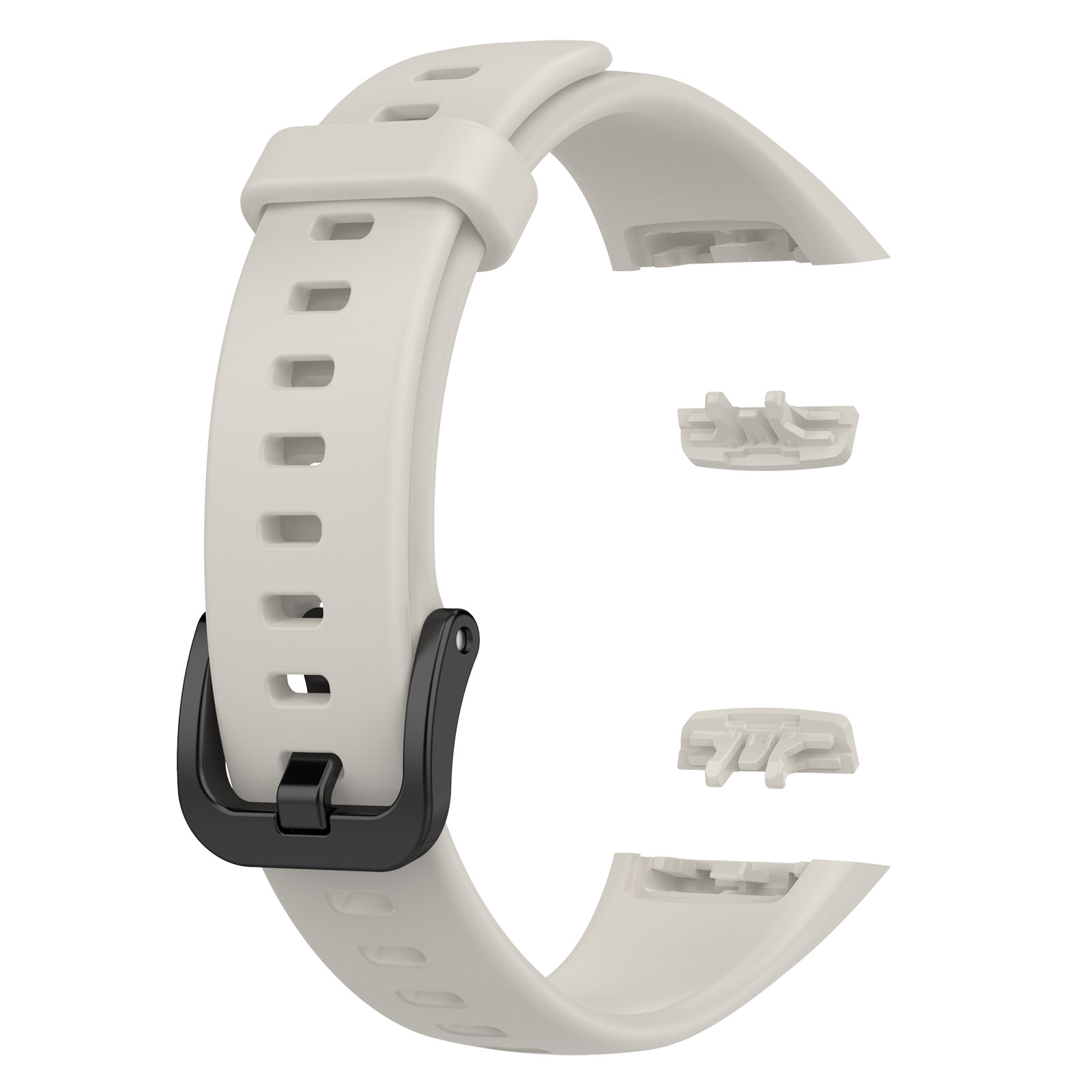 Weißes Smartwatch-Armband mit schwarzer Schnalle und abnehmbaren Verbindungsstücken.