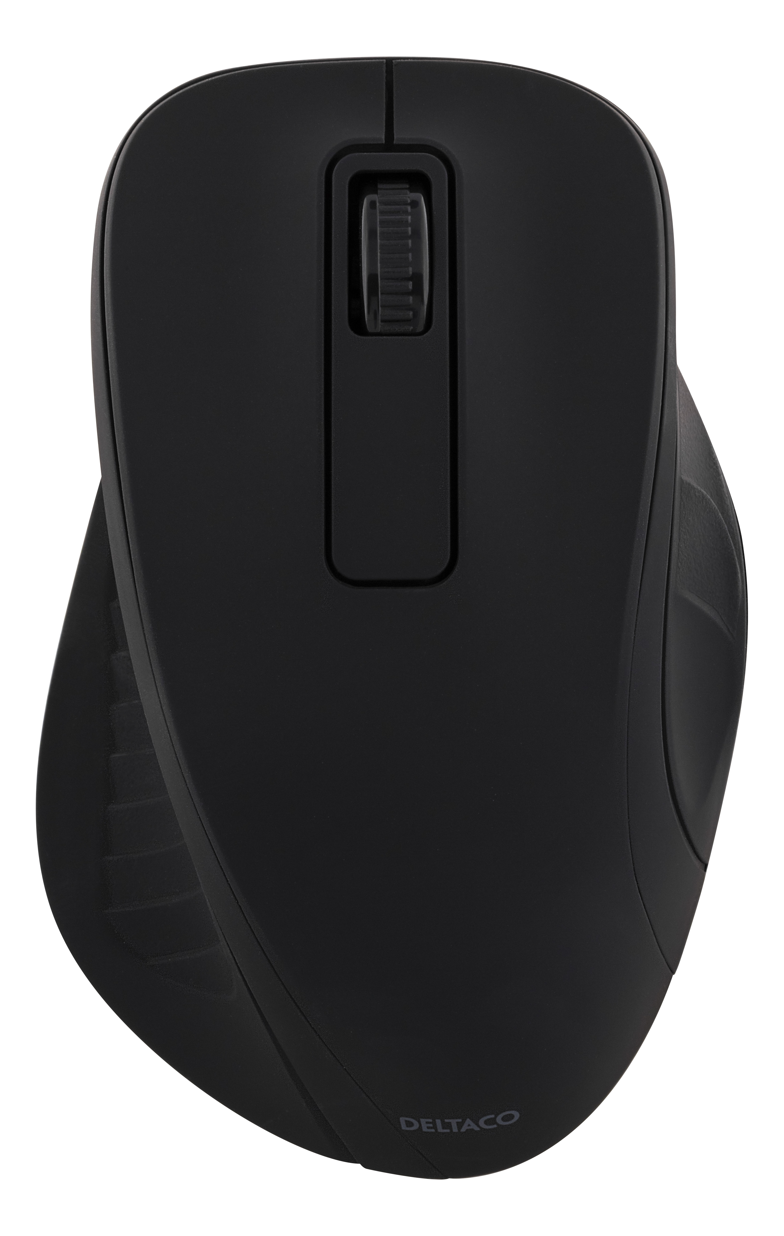 Eine schwarze ergonomische Computermaus mit einem Scrollrad und dem Deltaco-Logo.