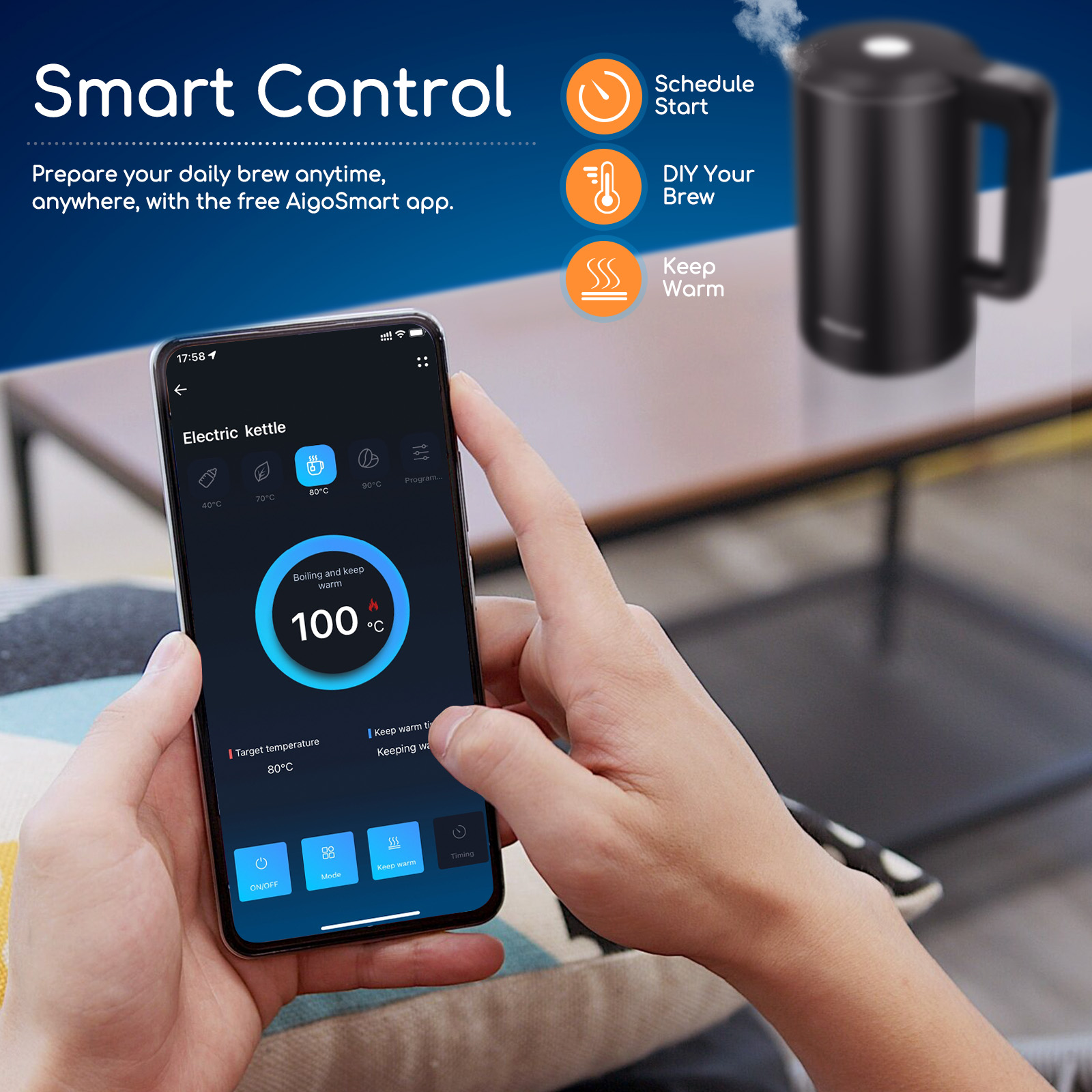 AIGOSTAR Benjiamin Smart WIFI Smart Temperatureinstellung, Kettle Schwarz mit Wasserkocher