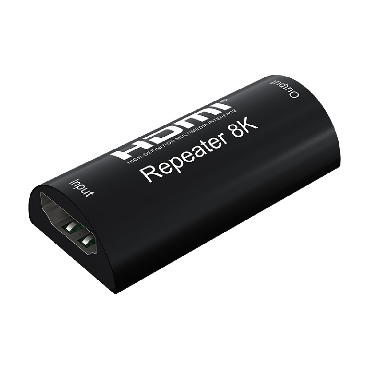 Schwarzes HDMI-Repeater-8K-Gerät mit Eingangs- und Ausgangsanschlüssen.