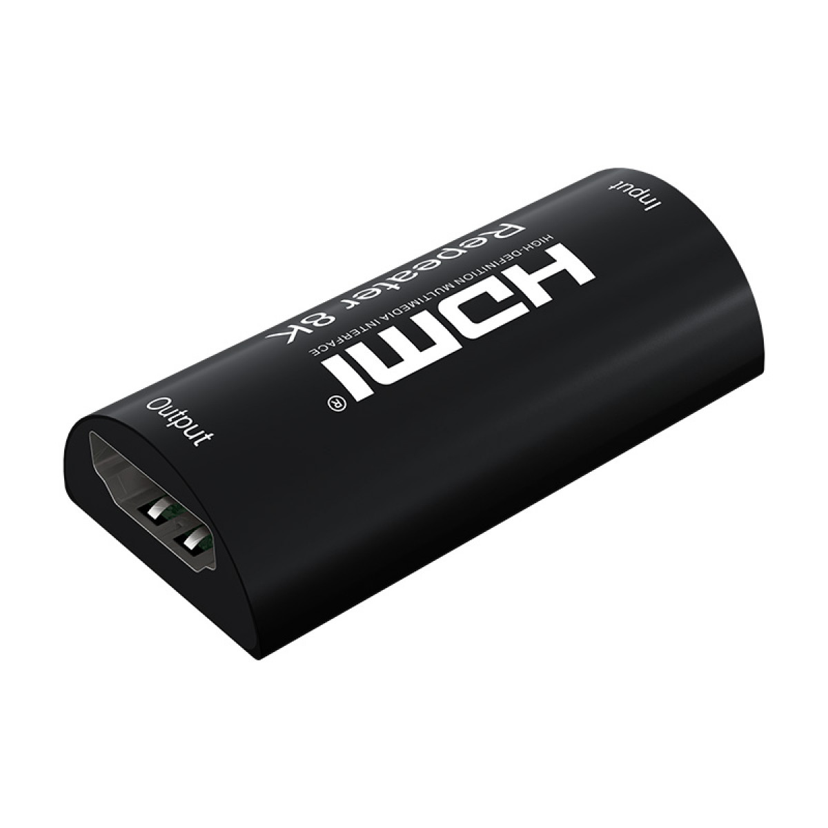 Ein schwarzer HDMI-Repeater mit dem Text 'HDMI Repeater 8K'.
