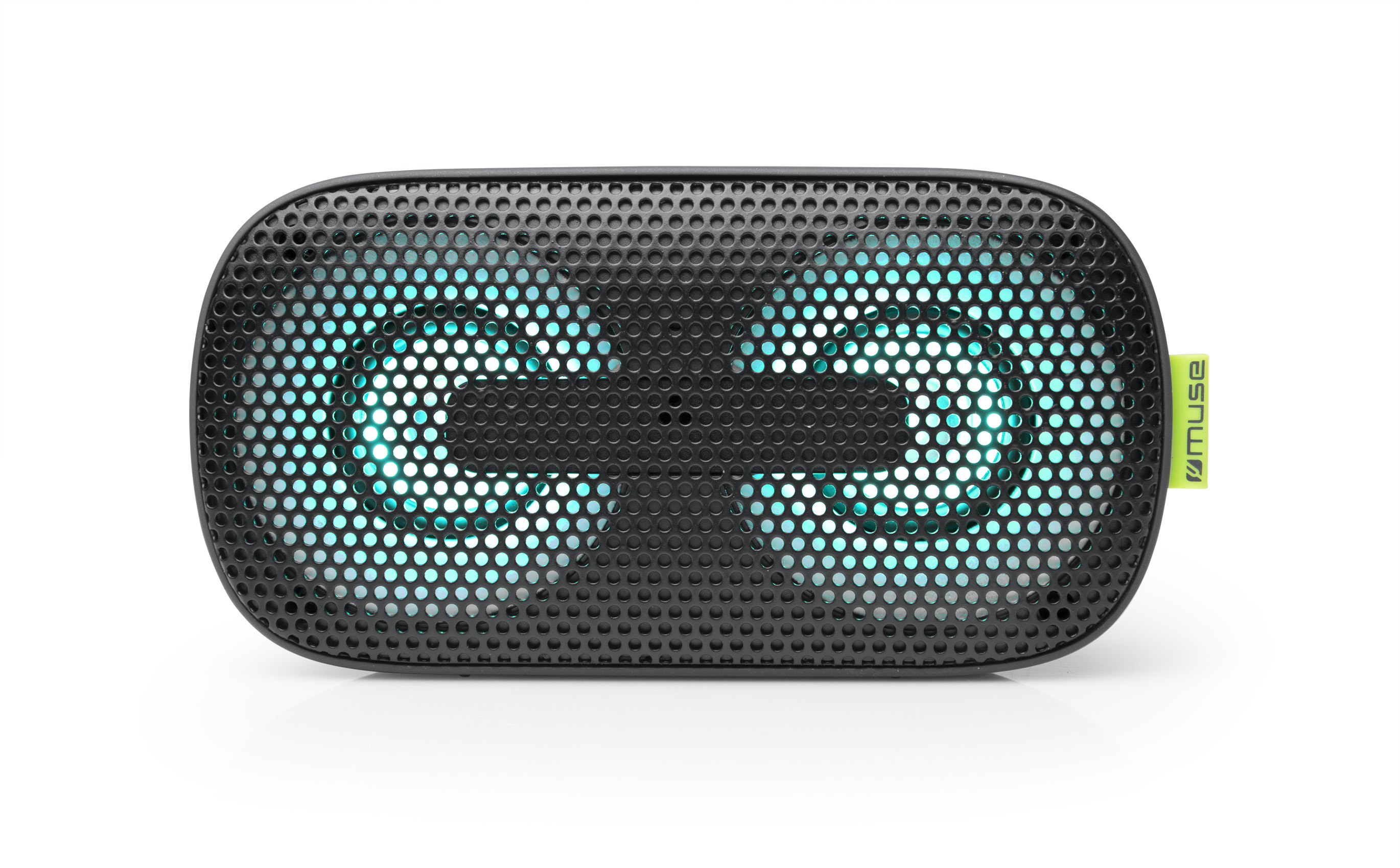 Czarny głośnik ze świecącymi niebieskimi światłami na białym tle.