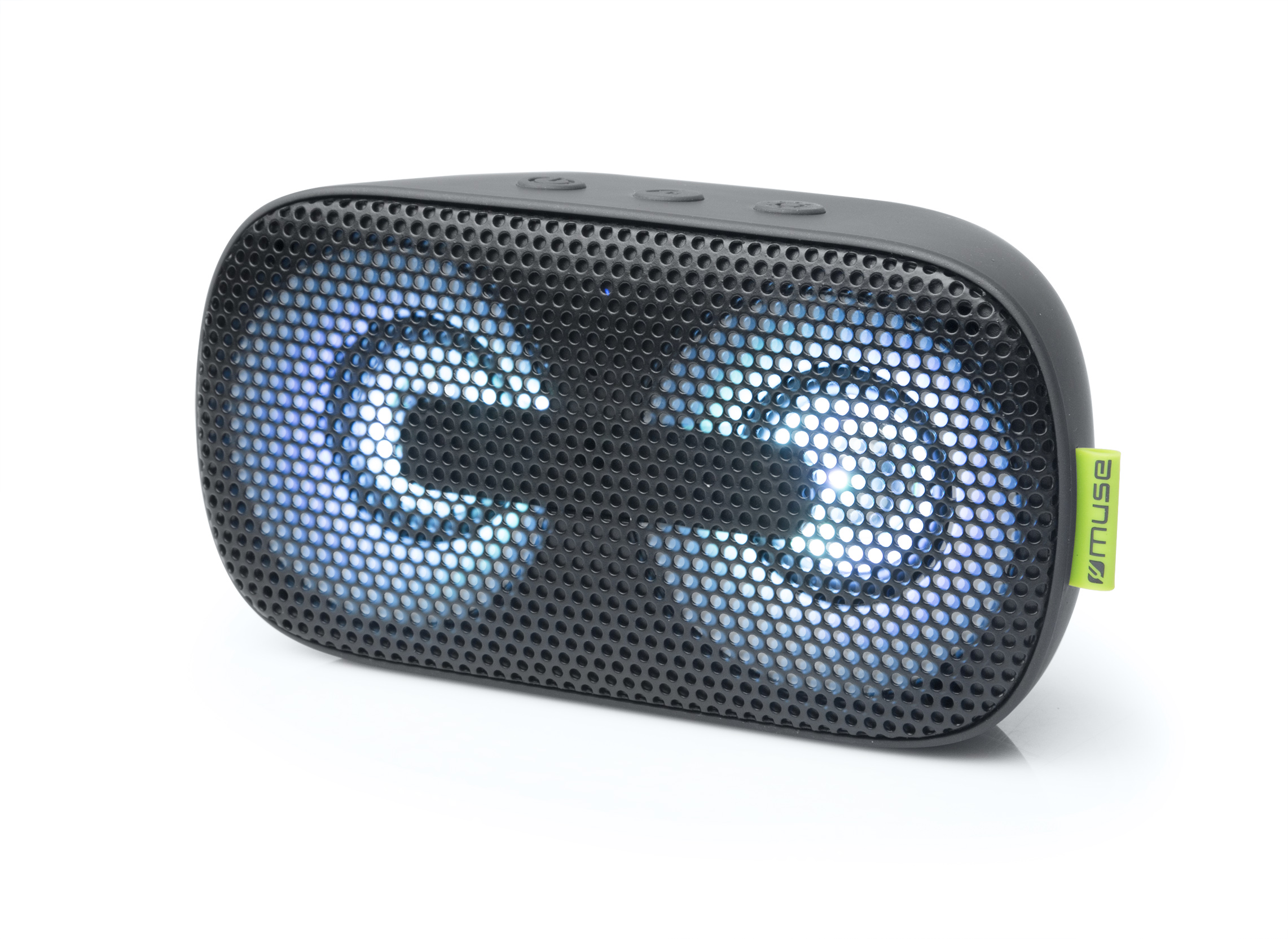 Czarny głośnik z niebiesko-białymi wzorami światła.