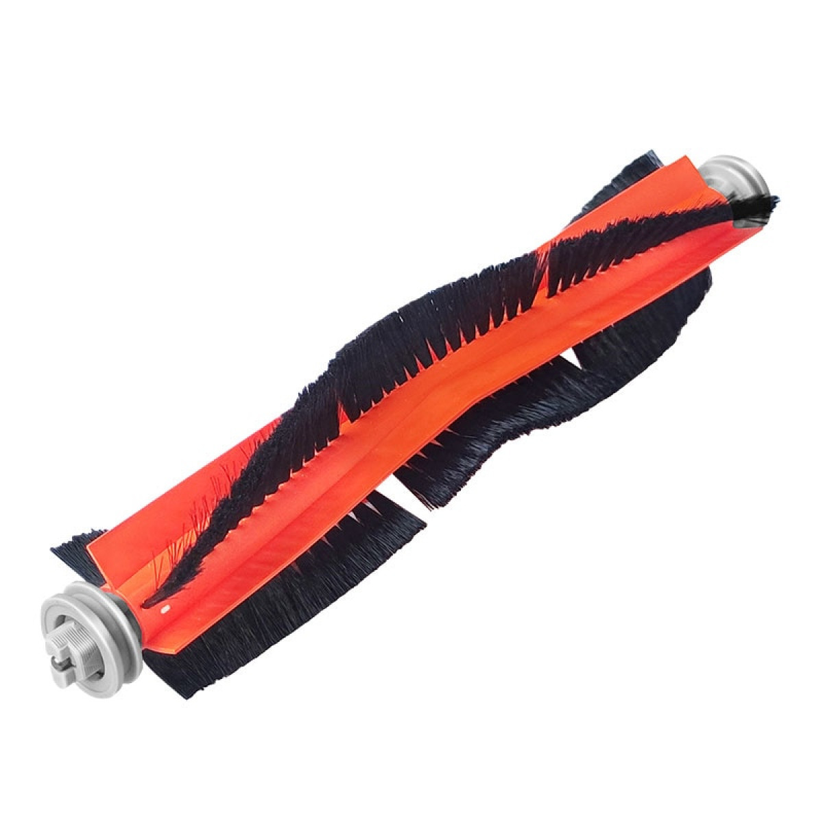 Eine Staubsaugerbürste, orange und schwarz. Sie hat schwarze Borsten und silberne Metallenden. Auf weißem Grund.