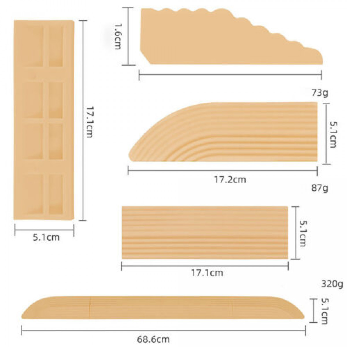 Kilka jasnobrązowych drewnianych listew o różnych kształtach i rozmiarach jest ułożonych na białym tle.