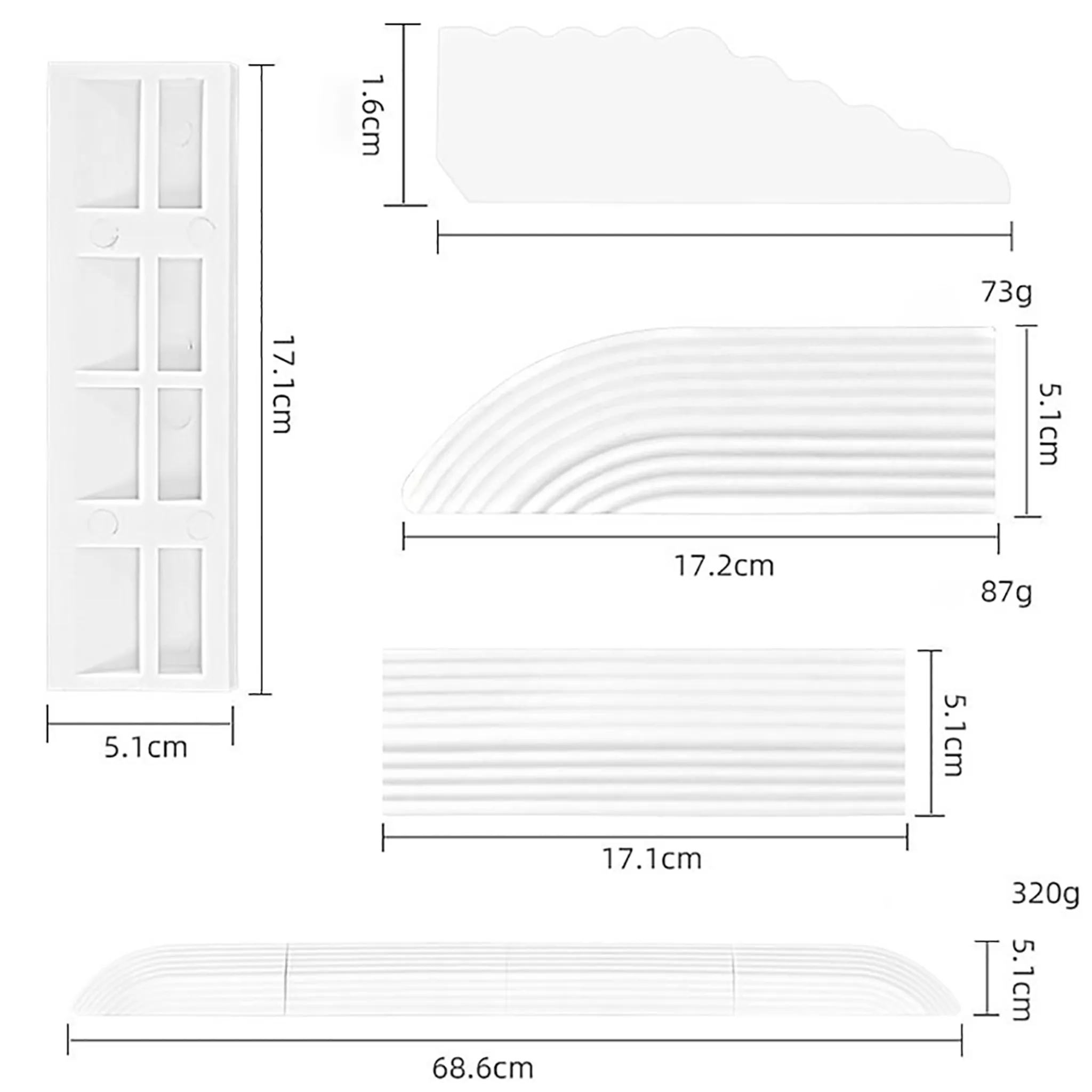 Białe listwy ozdobne o różnych rozmiarach, z wymiarami i wagami.