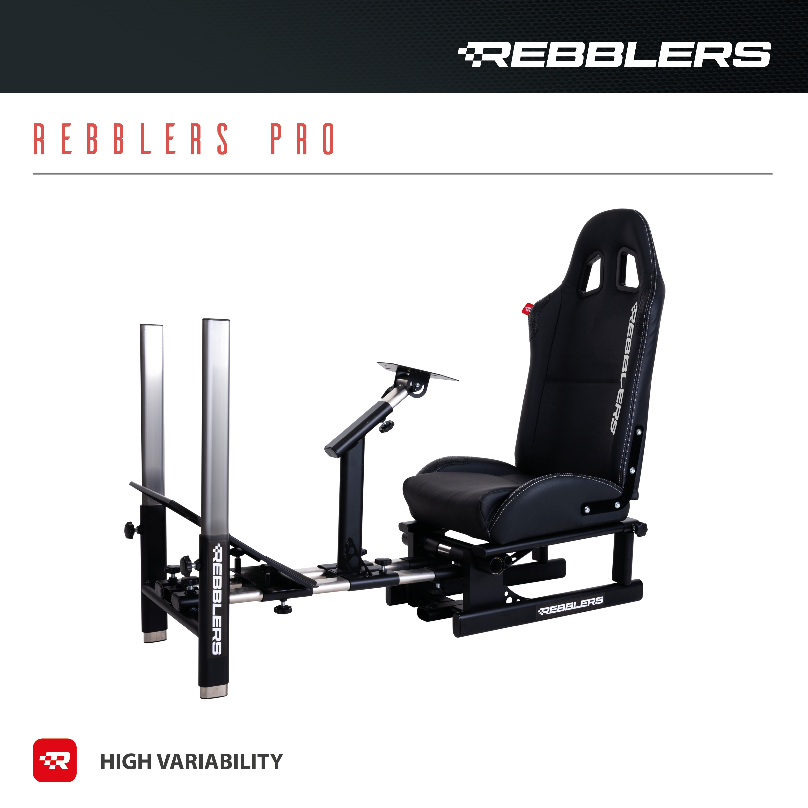 Schwarzer Rennsimulator-Stuhl mit Text "REBBLERS PRO" und "HIGH VARIABILITY".