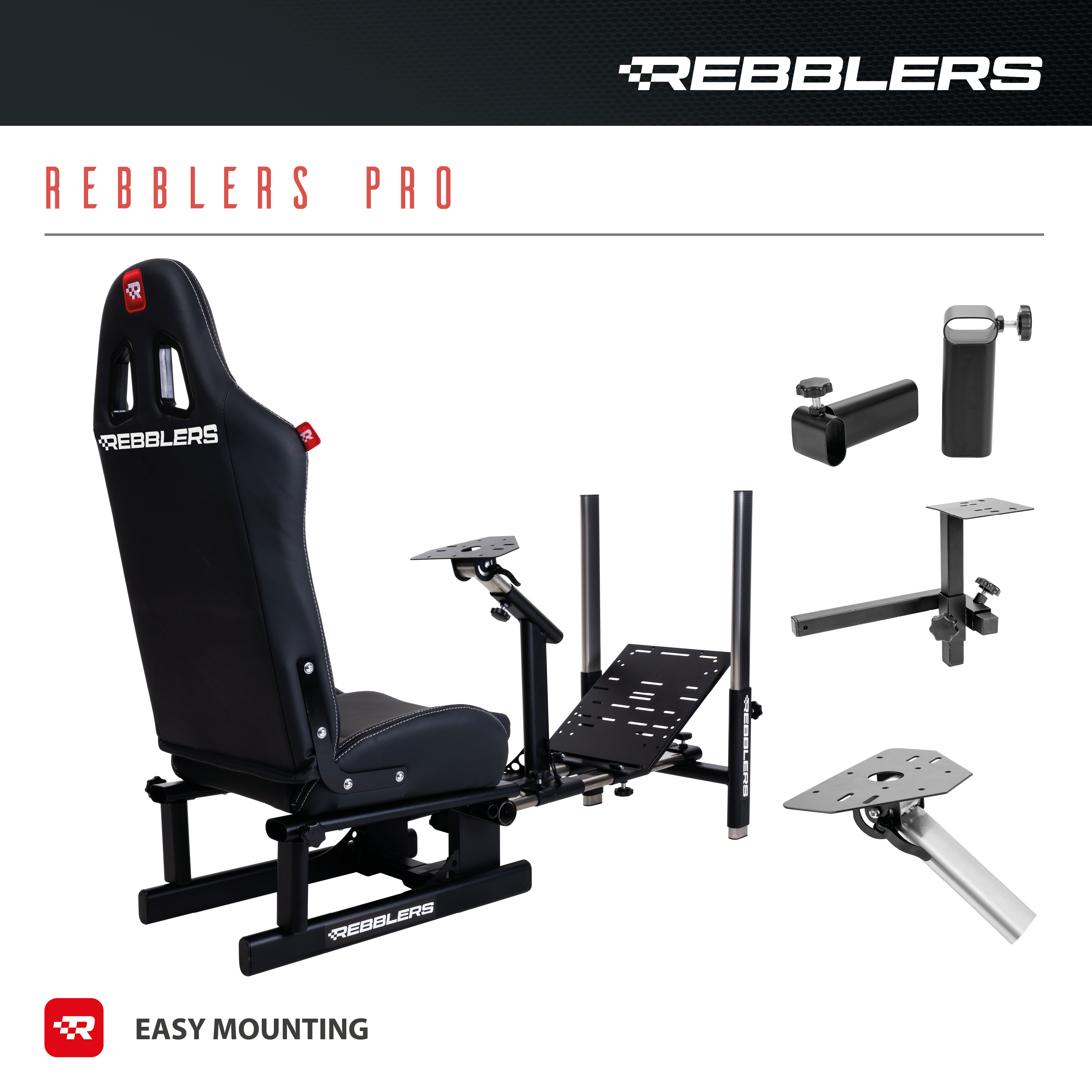 Rebblers Pro Rennsitz und Zubehör. Einfache Montage und schwarzes Design.