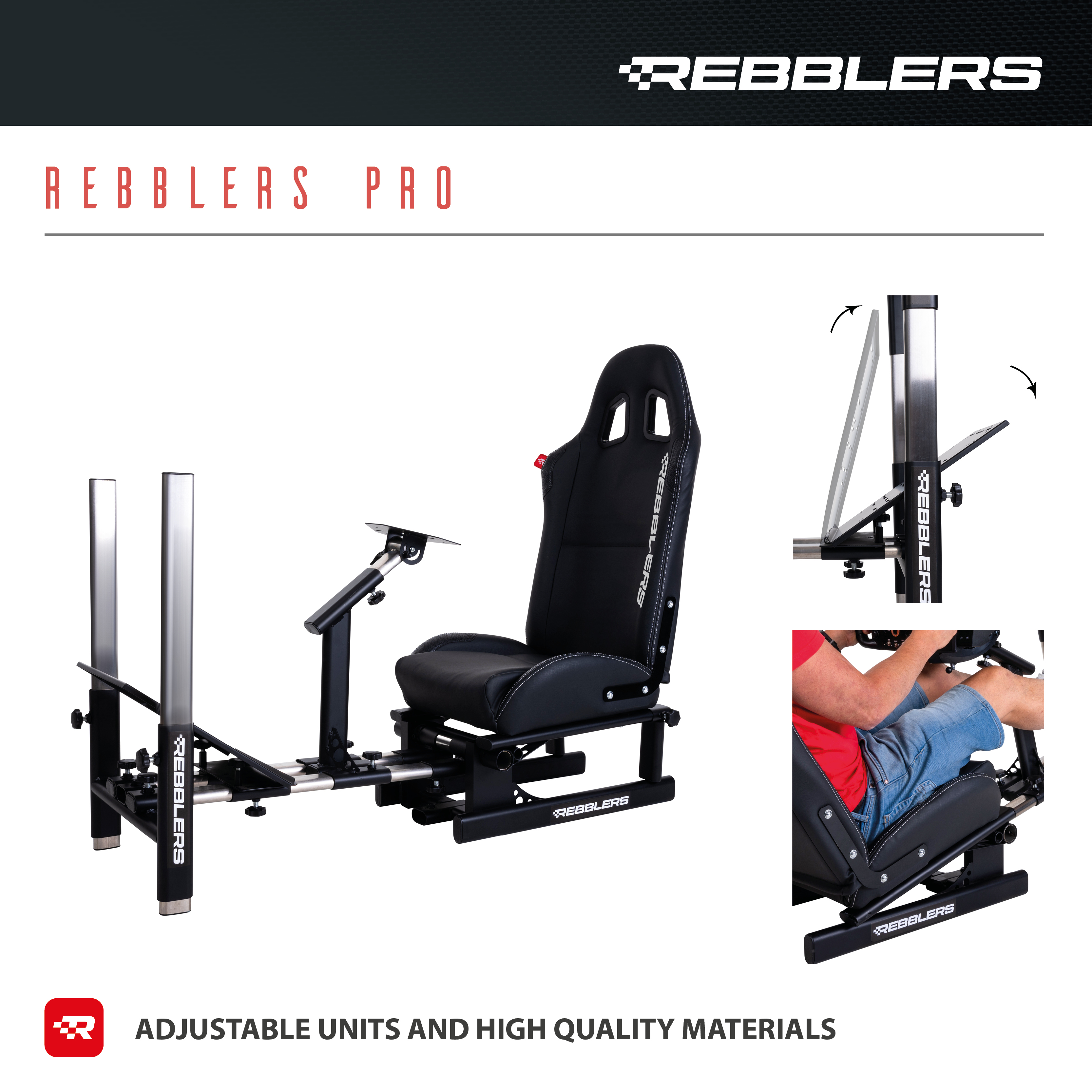 Rennsimulator-Setup mit schwarzem Sitz, verstellbarem Rahmen und Person im Stuhl.