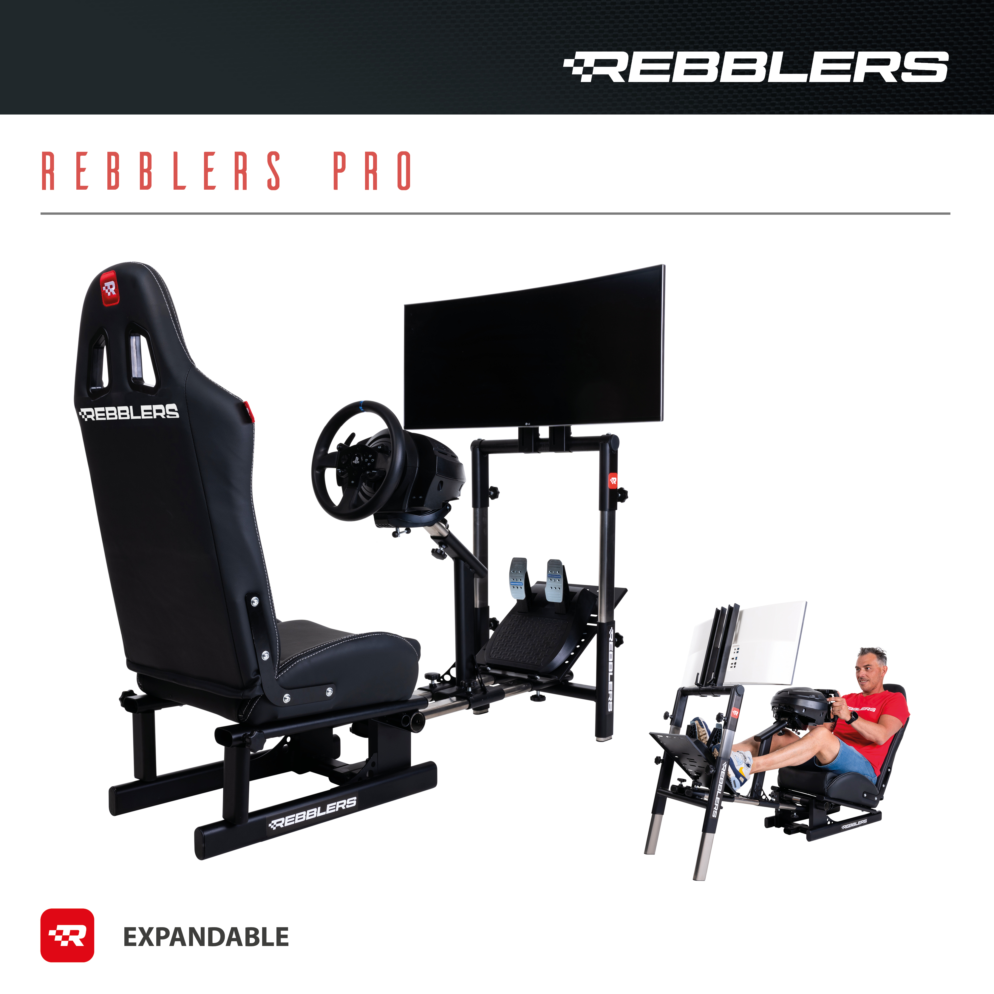 Ein Rennsimulator-Setup mit Sitz, Lenkrad, Pedalen und großem Bildschirm.