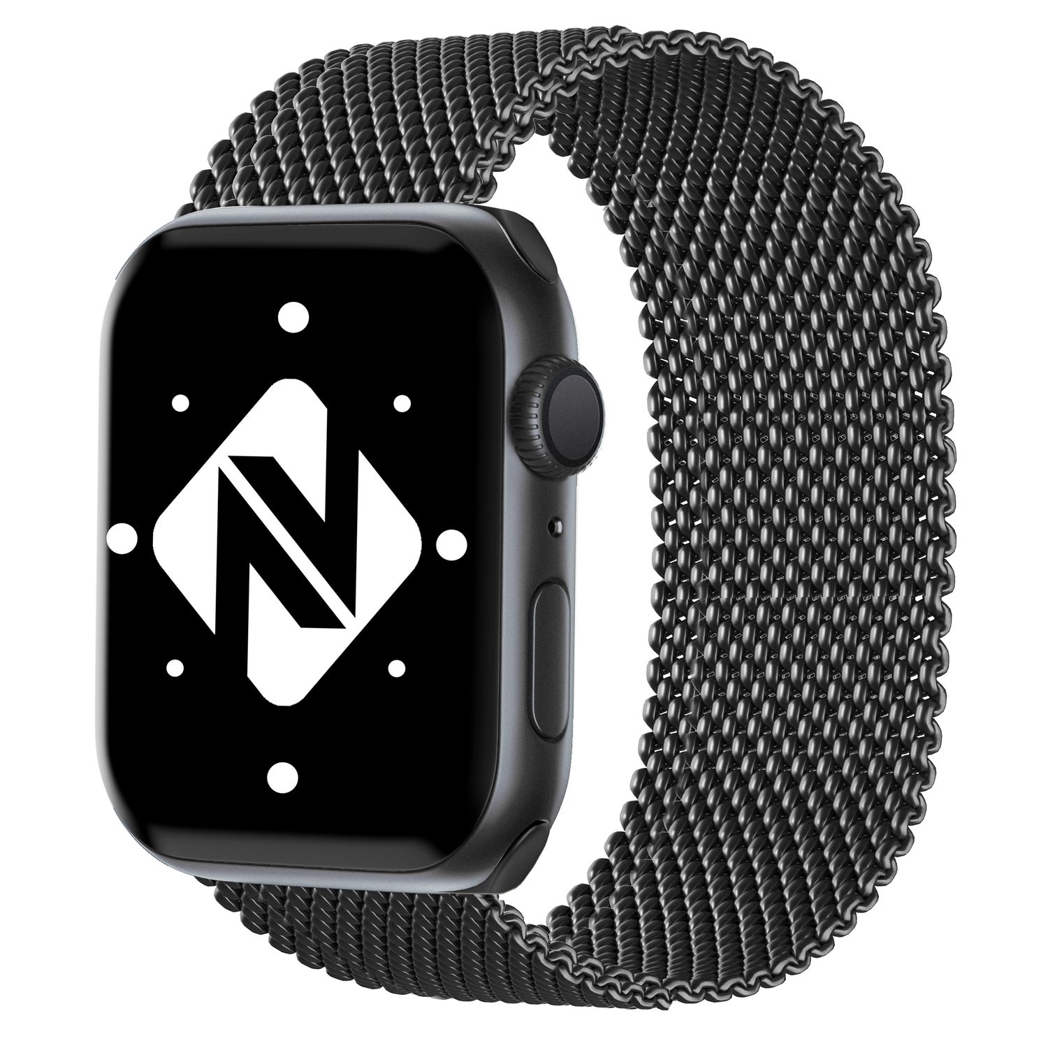 Schwarze Smartwatch mit schwarzem Metallarmband. Das Zifferblatt zeigt ein weißes Logo.