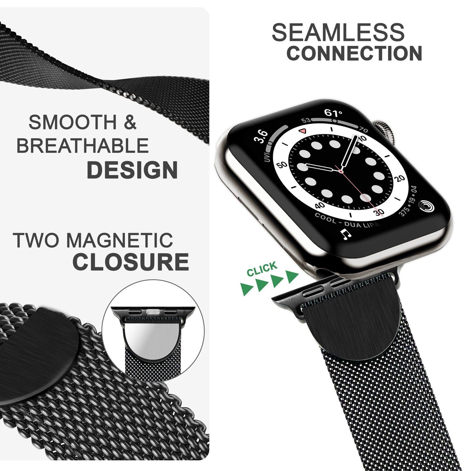 Schwarze Apple Watch mit schwarzem Mesh-Armband. Text: Glattes & atmungsaktives Design, zwei Magnetverschlüsse, nahtlose Verbindung.