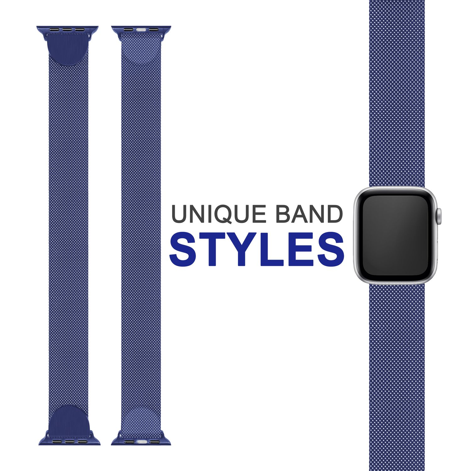 Zwei blaue metallische Uhrenarmbänder mit dem Text "UNIQUE BAND STYLES".