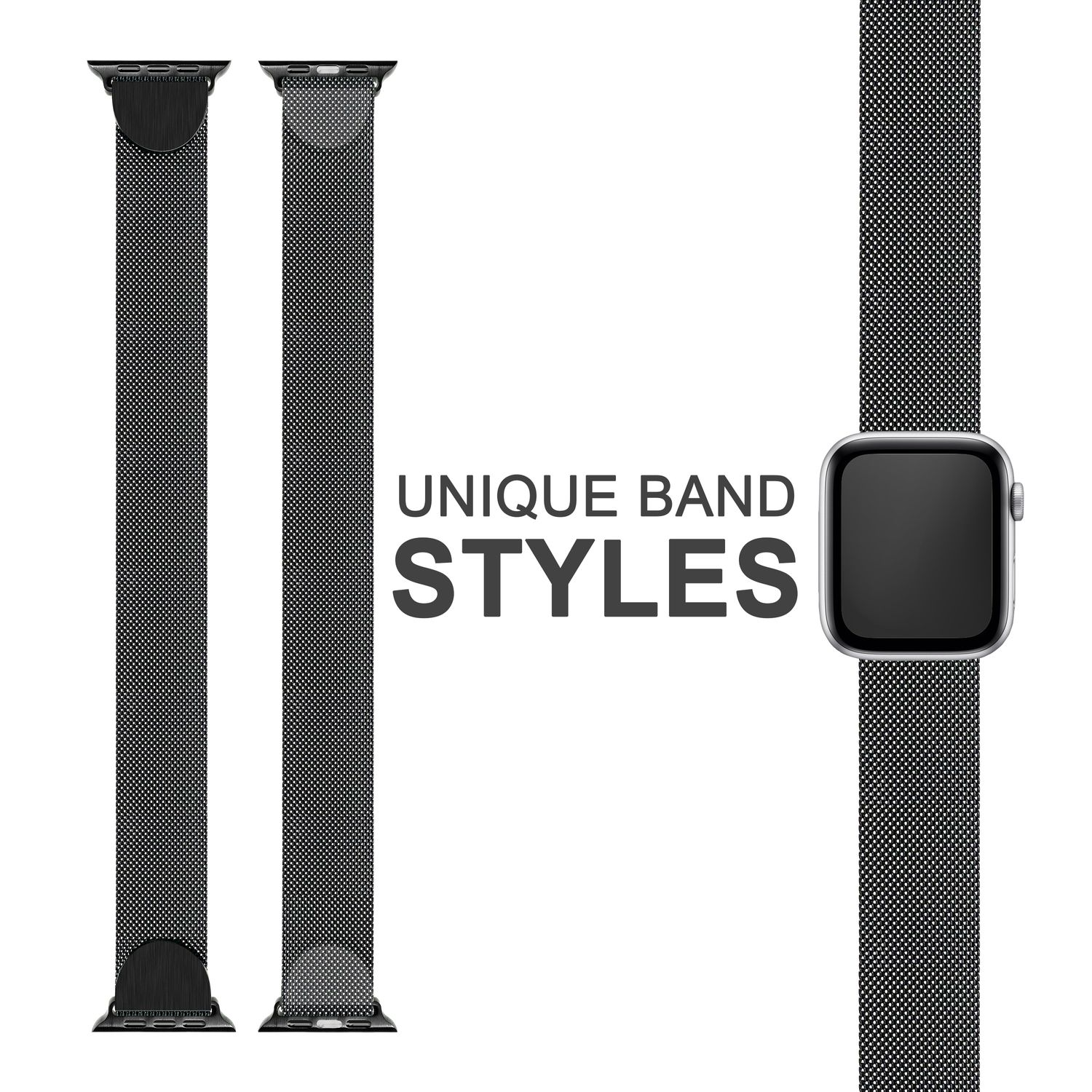 Schwarze Metall-Uhrenarmbänder. Eines an einer Uhr befestigt. Weißer Hintergrund mit Text: UNIQUE BAND STYLES.