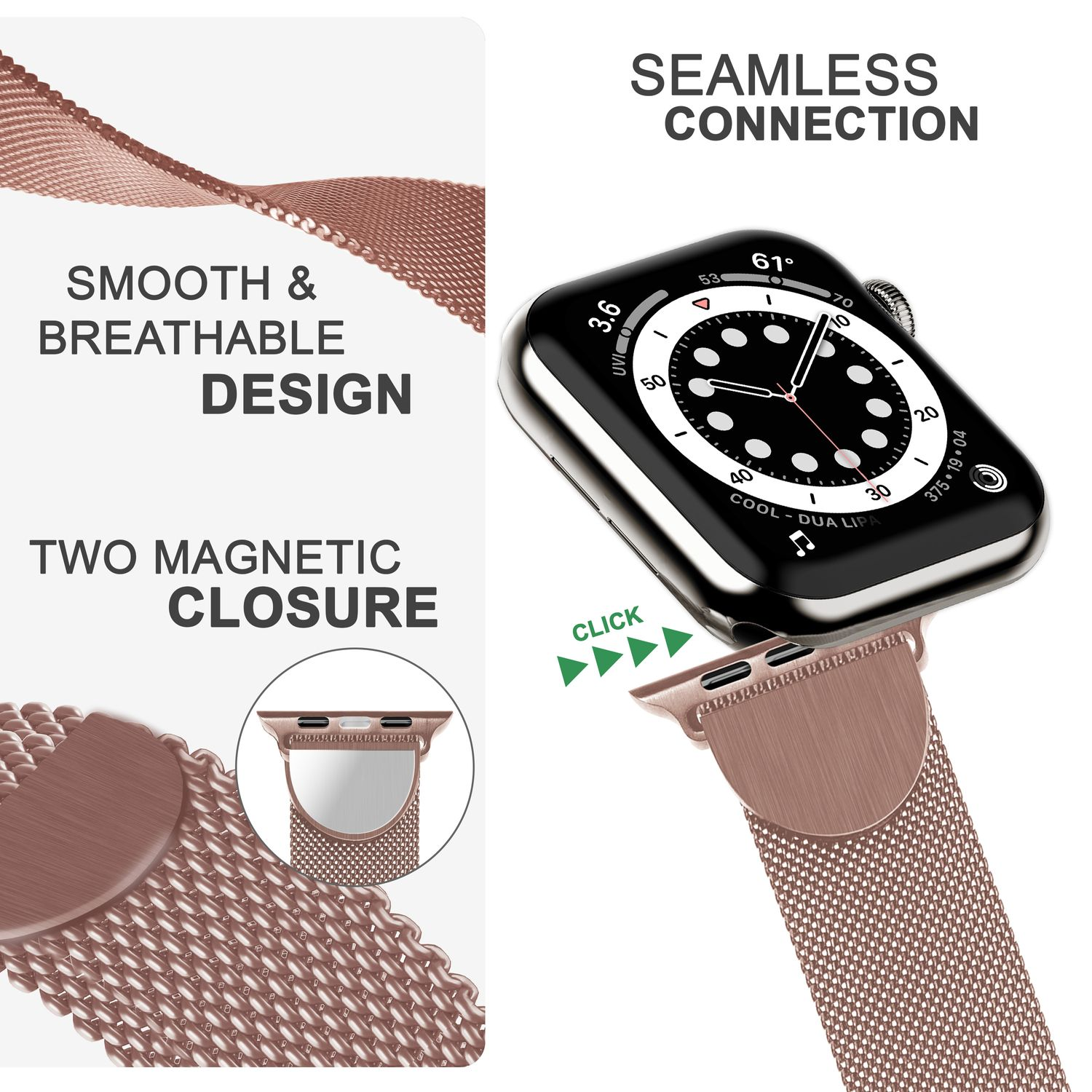 Eine Smartwatch mit roségoldfarbenem Armband und Nahaufnahme des Armbands.