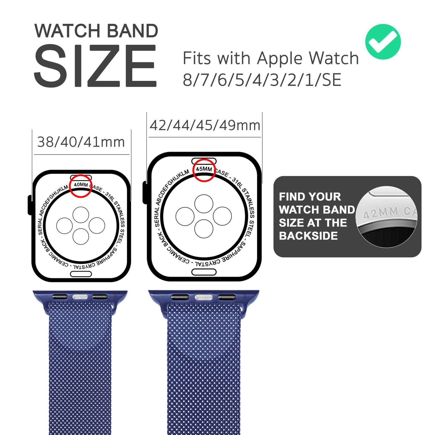 Uhrenarmband-Größenübersicht mit Größen. Passend für Apple Watch 8/7/6/5/4/3/2/1/SE. Blaues Uhrenarmband.
