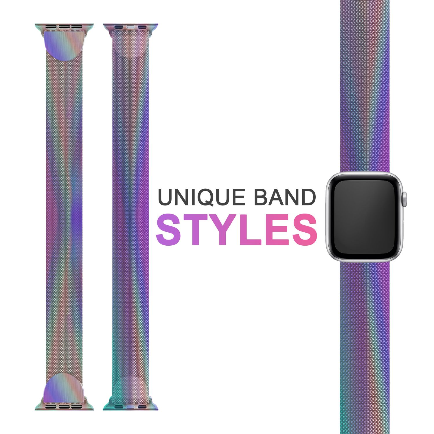 Apple Watch Armbänder in schillernden Farben. Text: 'UNIQUE BAND STYLES'.
