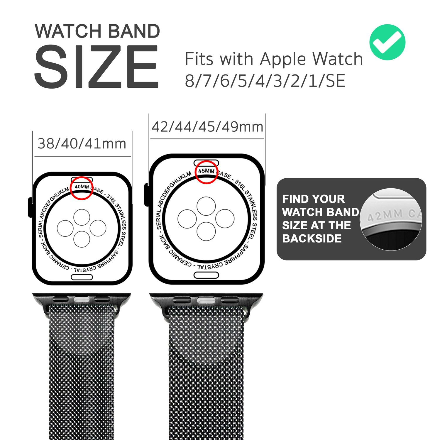 Diagramm der Uhrenarmbänder mit Größen für Apple Watch. Schwarz und weiß. Text: Armbandgröße.