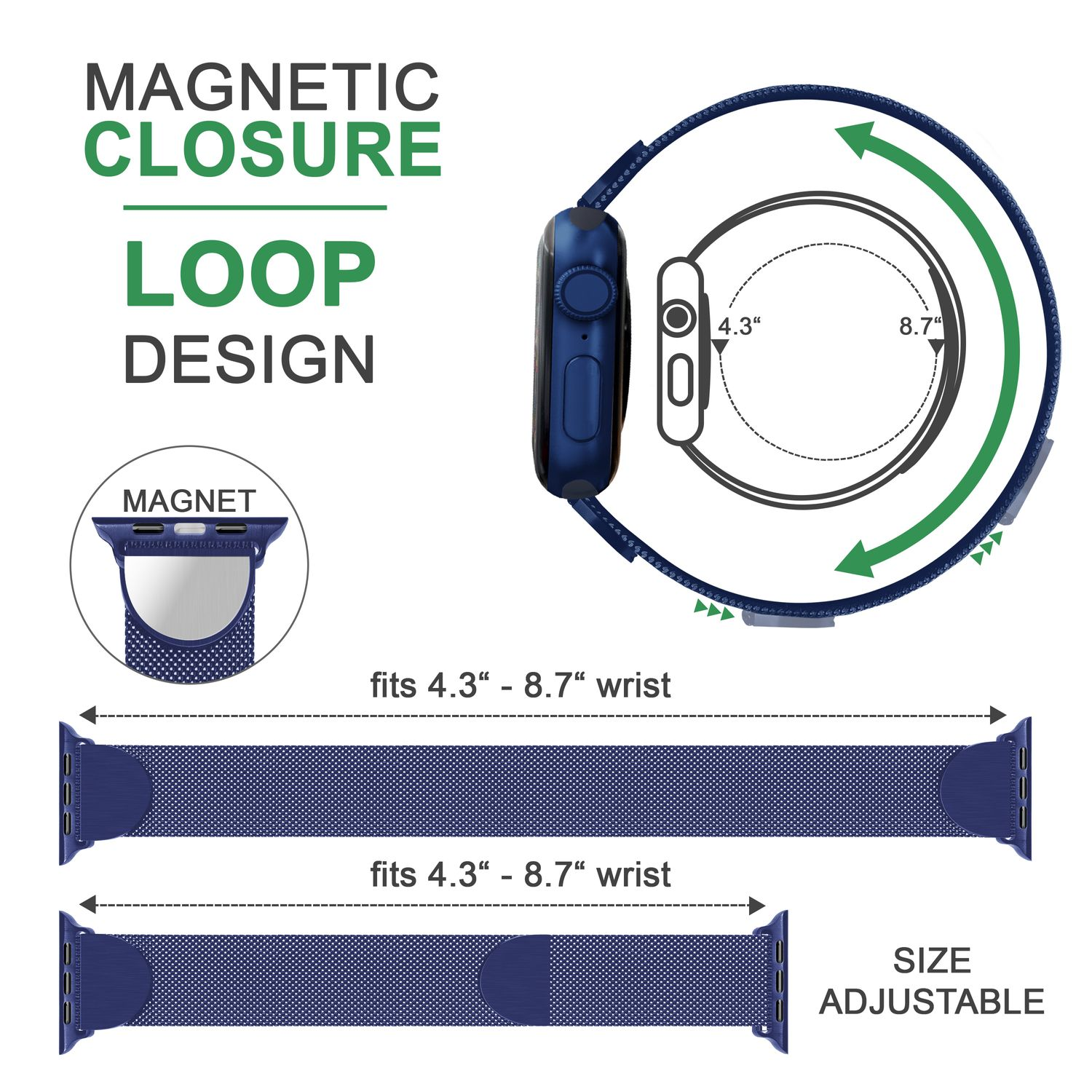 Diagramm, das ein Apple Watch-Armband mit Magnetverschluss und Größenangaben zeigt.